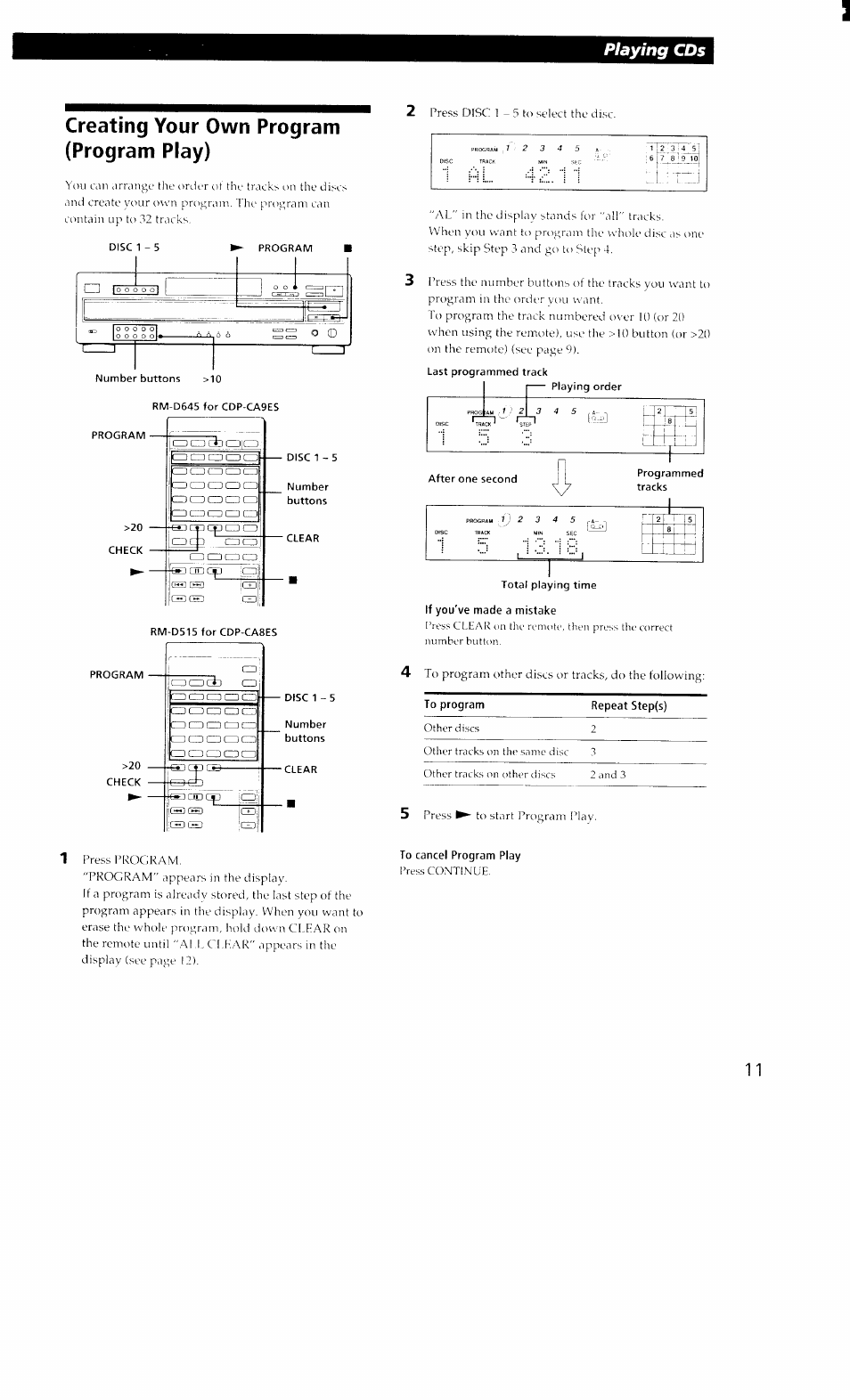 Creating your own program (program play), Rm-d645 for cdp-ca9es, Rm-d515 for cdp-ca8es | Program, Check, Number, Clear, To cancel program play, Playing cds | Sony CDP-CA8ES User Manual | Page 11 / 20