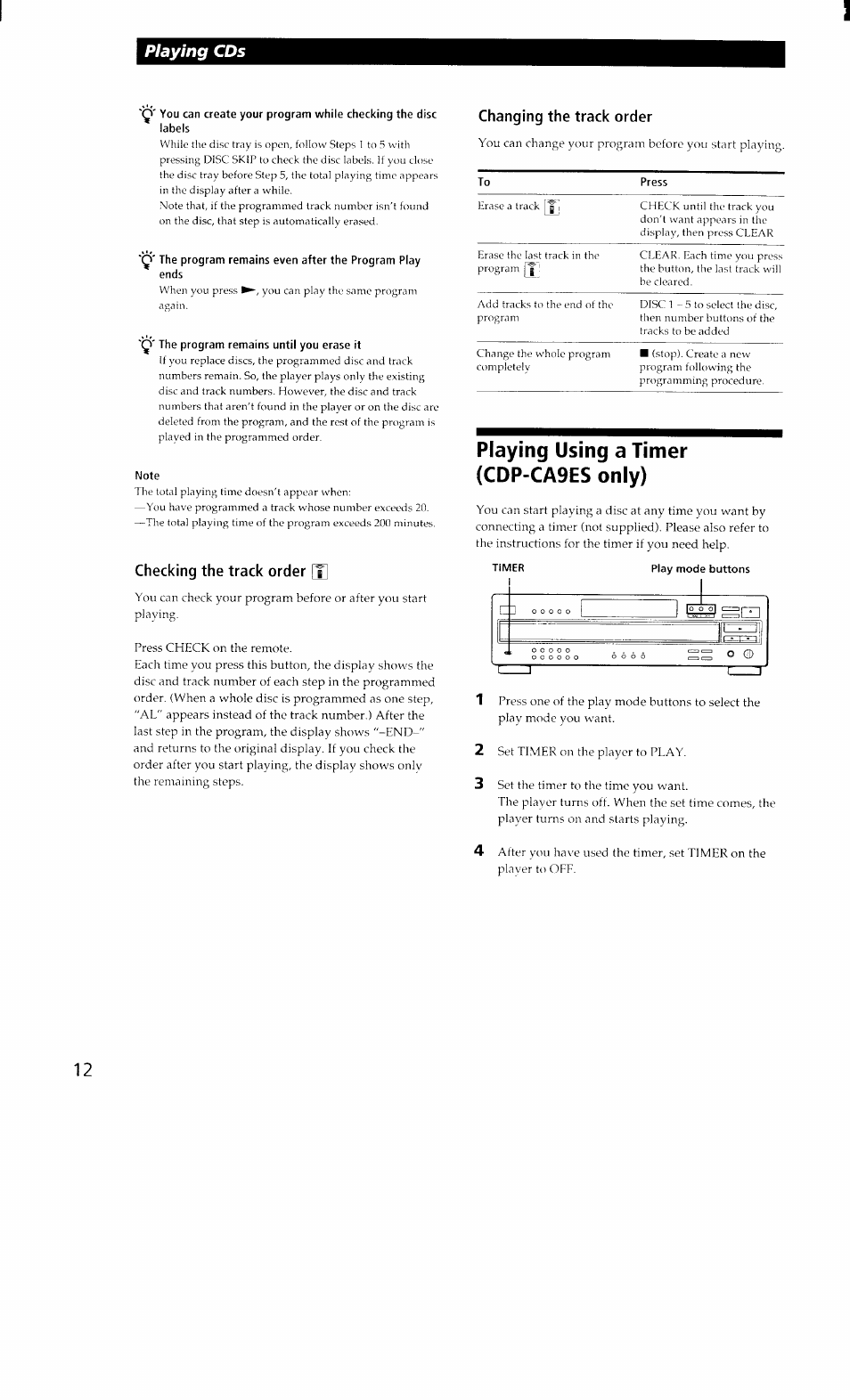 Q' the program remains until you erase it, Note, Playing using a timer (cdp-ca9es only) | Playing cds, Checking the track order [j, Changing the track order | Sony CDP-CA8ES User Manual | Page 12 / 20