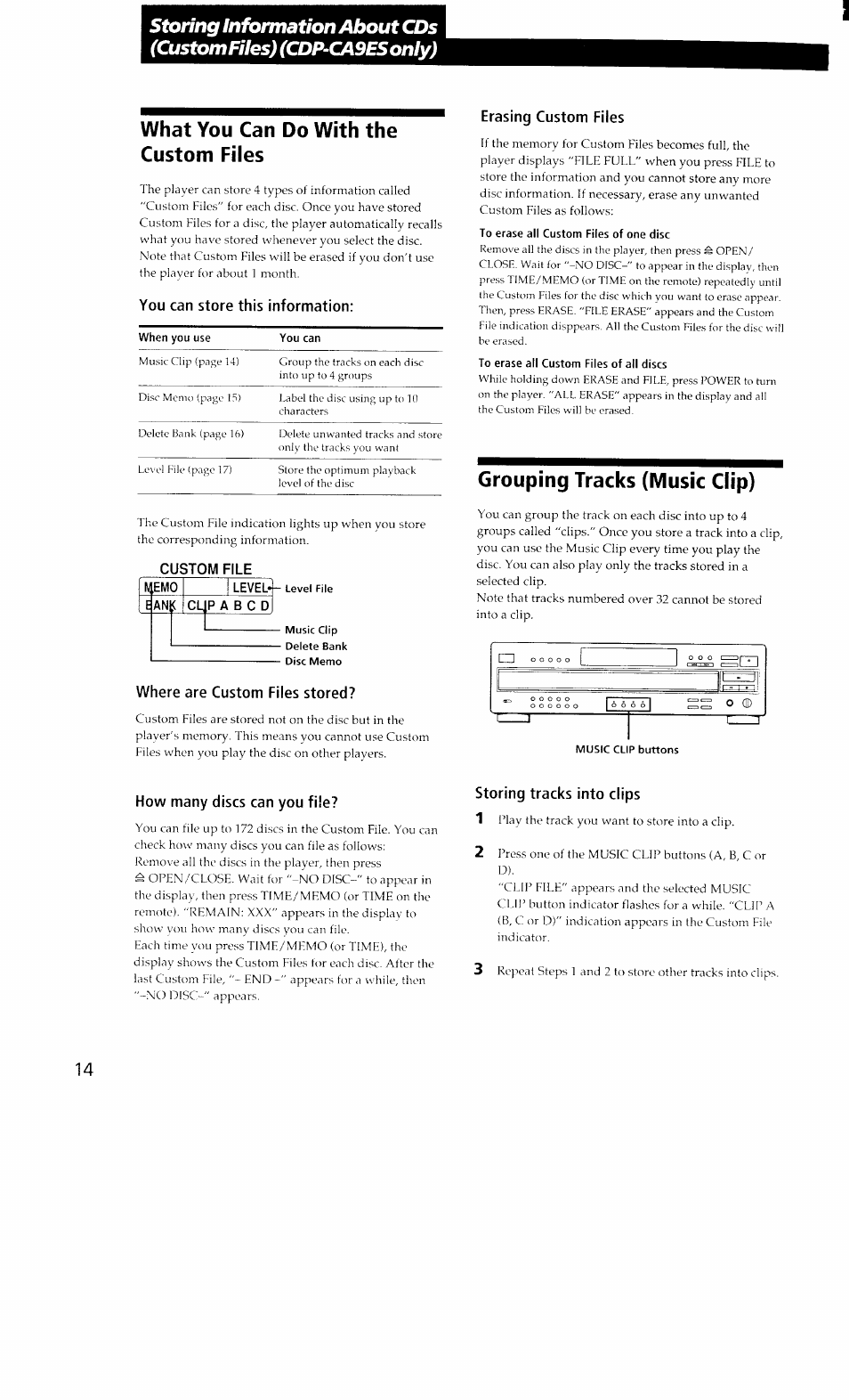 What you can do with the custom files, To erase all custom files of one disc, To erase all custom files of all discs | Grouping tracks (music clip), Music clip buttons, You can store this information, Where are custom files stored, Erasing custom files, How many discs can you file, Storing tracks into clips | Sony CDP-CA8ES User Manual | Page 14 / 20