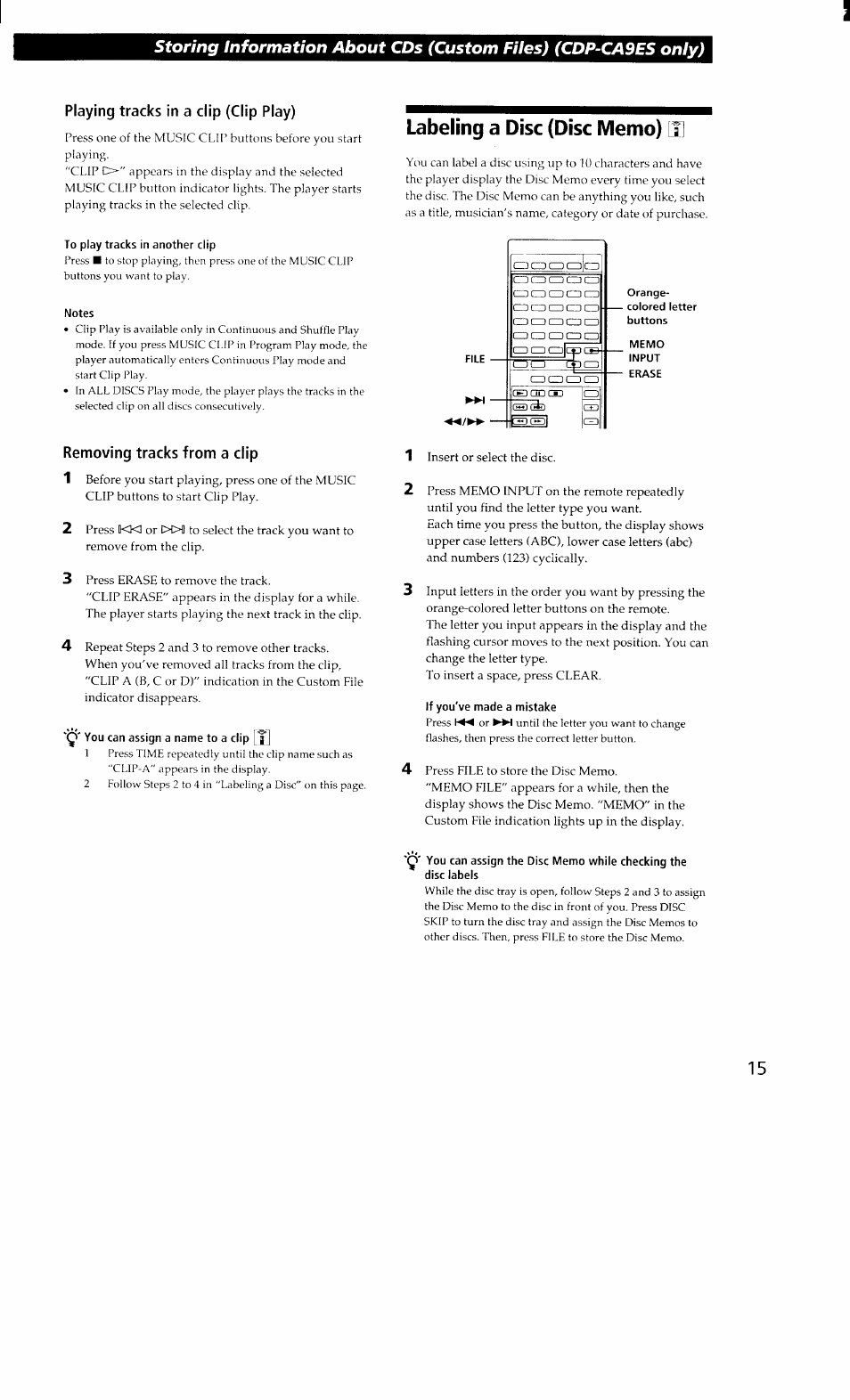 Labeling a disc (disc memo) \i, To play tracks in another clip, Notes | Q' you can assign a name to a clip [yj, File, Memo, Input, Erase, If you've made a mistake, Labeling a disc (disc memo) | Sony CDP-CA8ES User Manual | Page 15 / 20