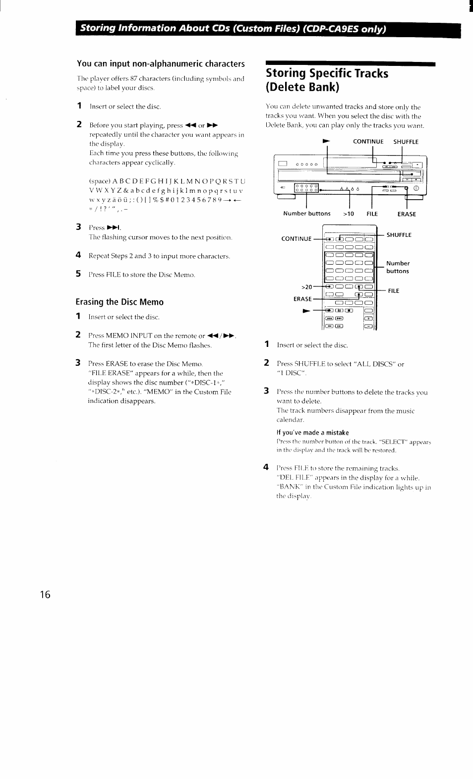 Storing specific tracks (delete bank) | Sony CDP-CA8ES User Manual | Page 16 / 20