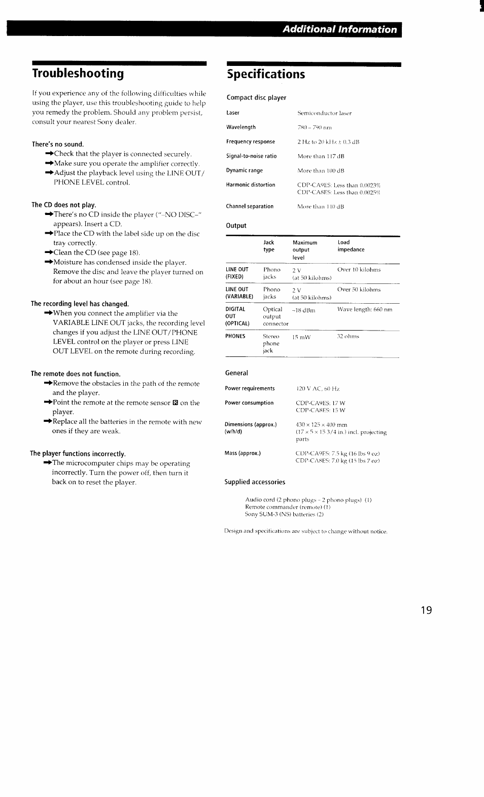 Troubleshooting, There's no sound, The cd does not play | The recording level has changed, Troubleshooting specifications, Additional information | Sony CDP-CA8ES User Manual | Page 19 / 20