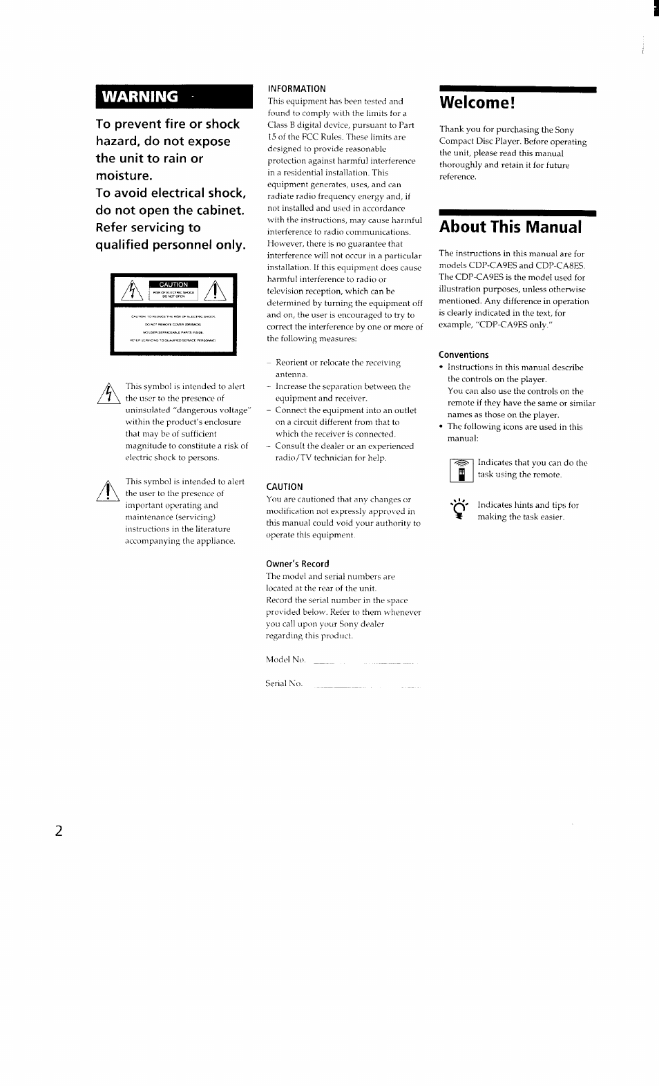 Information, Caution, Welcome | About this manual, Conventions, Owner's record, Warning | Sony CDP-CA8ES User Manual | Page 2 / 20