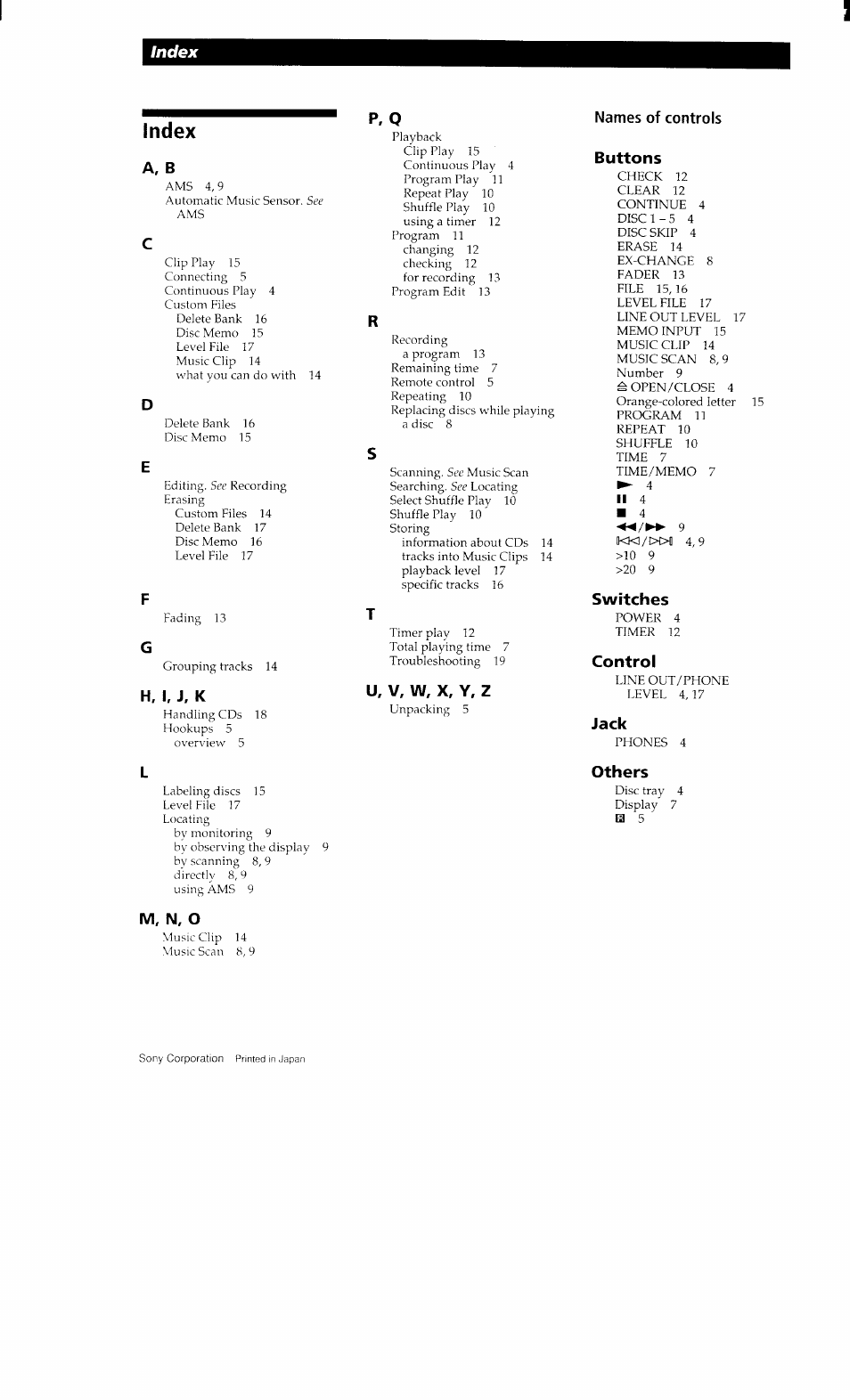 Index, A, b, H, i, j. k | P, q, U, v, w, x, y, z, Buttons, Switches, Control, Jack, M, n, o | Sony CDP-CA8ES User Manual | Page 20 / 20
