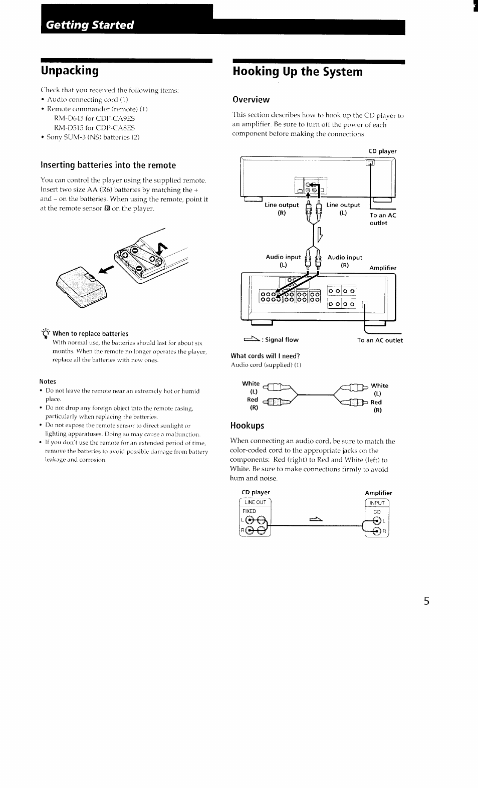 Getting started, Q' when to replace batteries, Hooking up the system | Notes, Unpacking, Inserting batteries into the remote, Overview, Hookups | Sony CDP-CA8ES User Manual | Page 5 / 20
