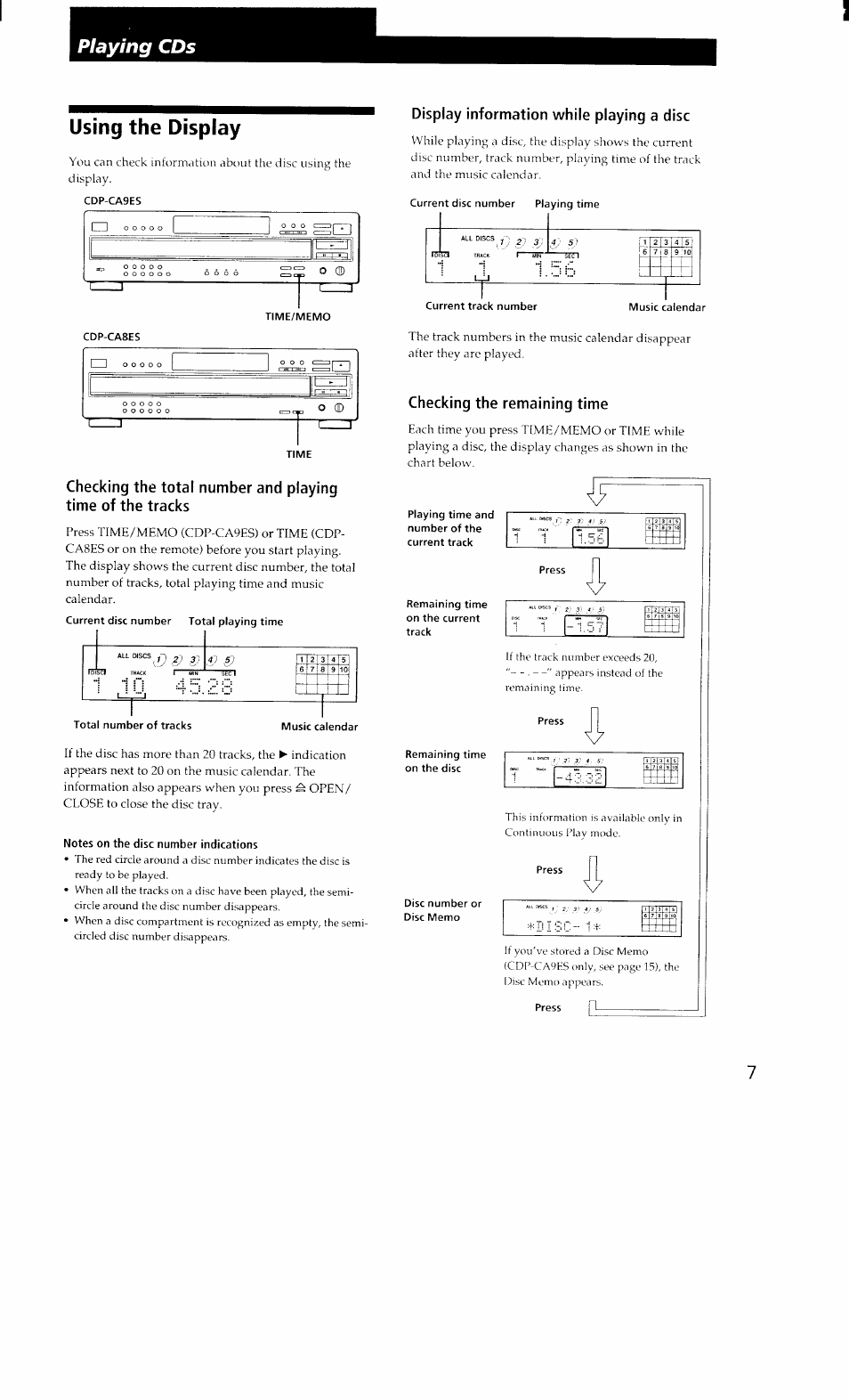 Using the display, Cdp-ca9es, Total number of tracks | Music calendar, Notes on the disc number indications, Display information while playing a disc, Checking the remaining time | Sony CDP-CA8ES User Manual | Page 7 / 20