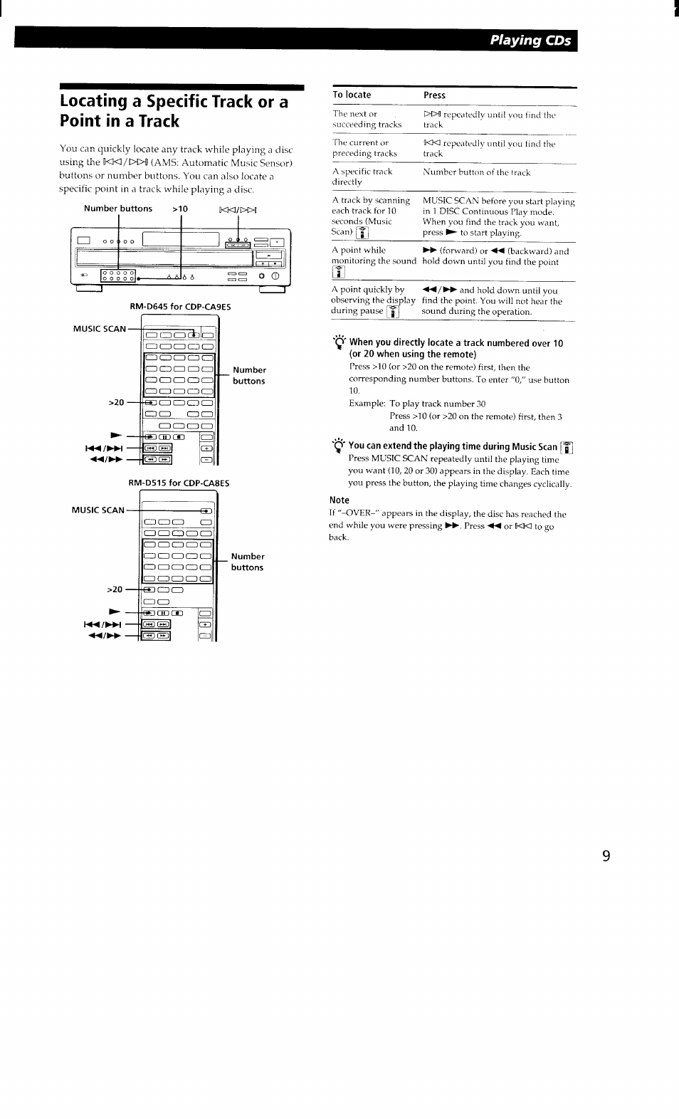 Locating a specific track or a point in a track, Music scan, Number | Rm-d515forcdp-ca8es, Note, Playing cds | Sony CDP-CA8ES User Manual | Page 9 / 20