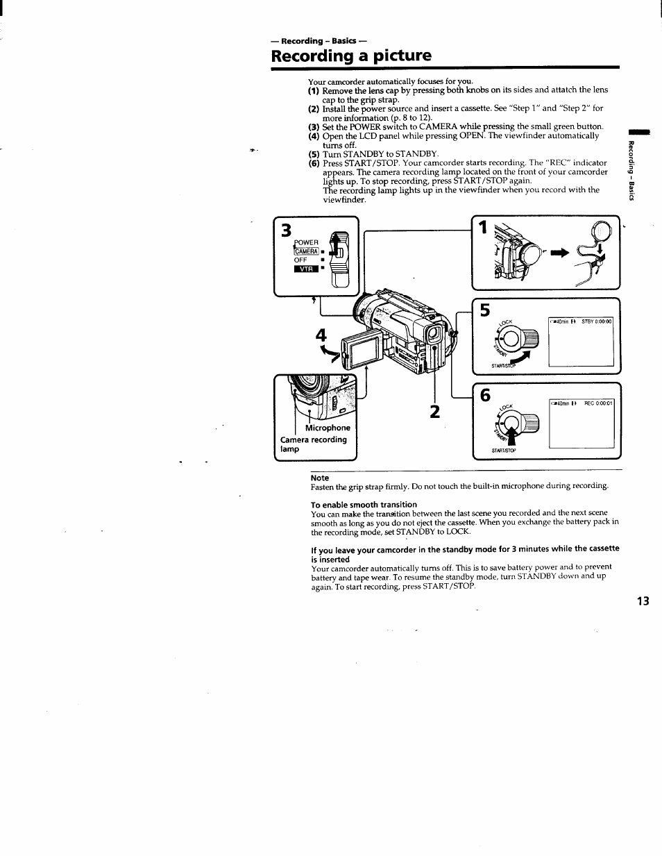 Note, To enable smooth transition, Recording a picture | Sony DCR-TRV103 User Manual | Page 13 / 84