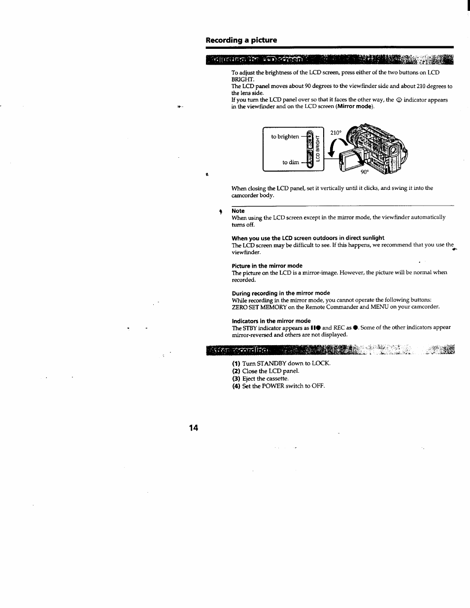 Note, Picture in the mirror mode, During recording in the mirror mode | Indicators in the mirror mode | Sony DCR-TRV103 User Manual | Page 14 / 84