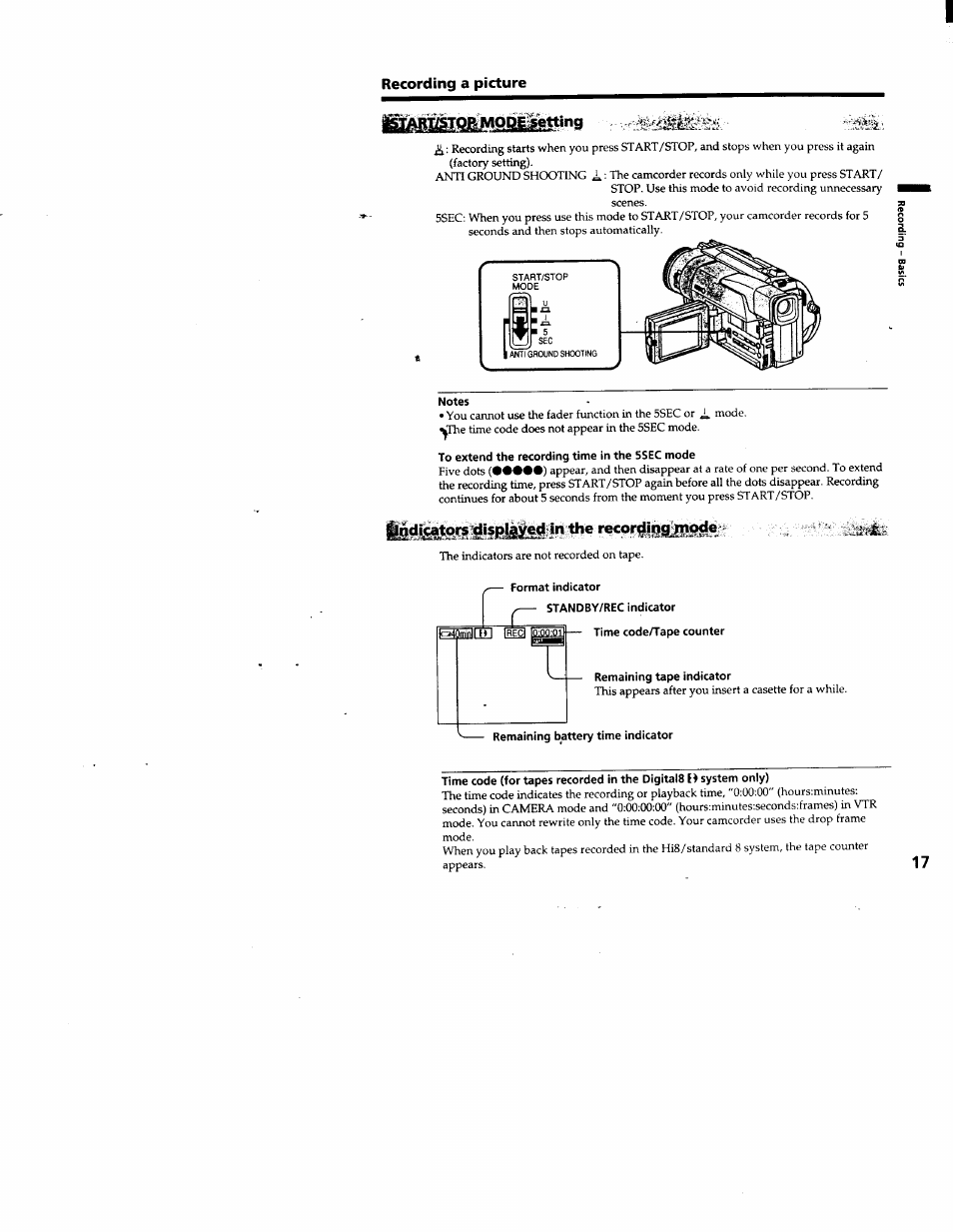 Notes, Format indicator, Standby/rec indicator | Time code/tape counter, Remaining tape indicator, Remaining battery time indicator, To extend the recording time in the 5sec mode | Sony DCR-TRV103 User Manual | Page 17 / 84