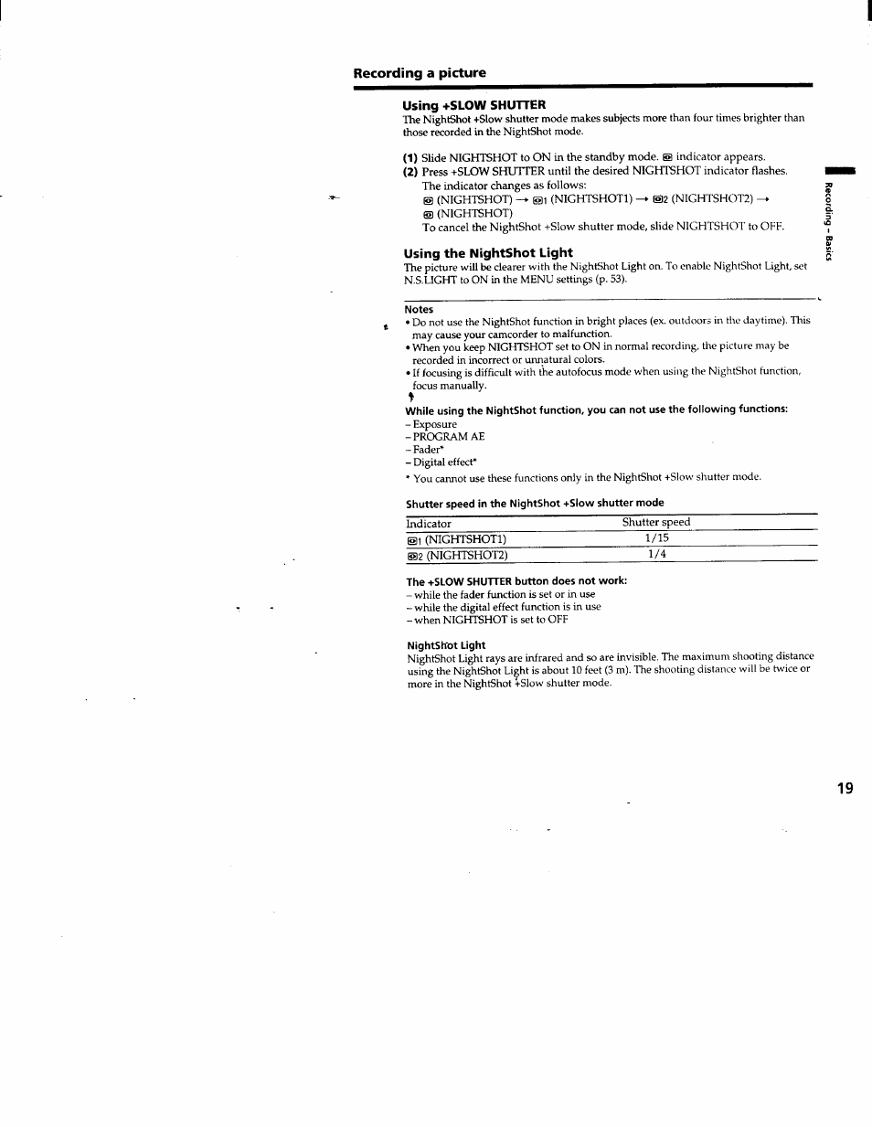 Using +slow shutter, Using the nightshot light, Notes | Shutter speed in the nightshot +slow shutter mode, The +slow shutter button does not work, Nightshot light | Sony DCR-TRV103 User Manual | Page 19 / 84