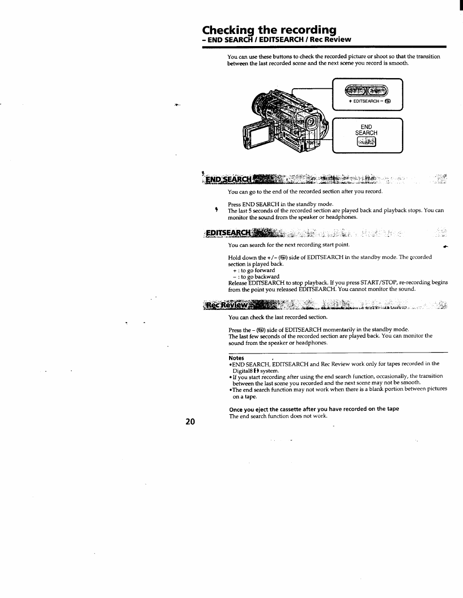 Checking the recording, End search / editsearch / rec review | Sony DCR-TRV103 User Manual | Page 20 / 84