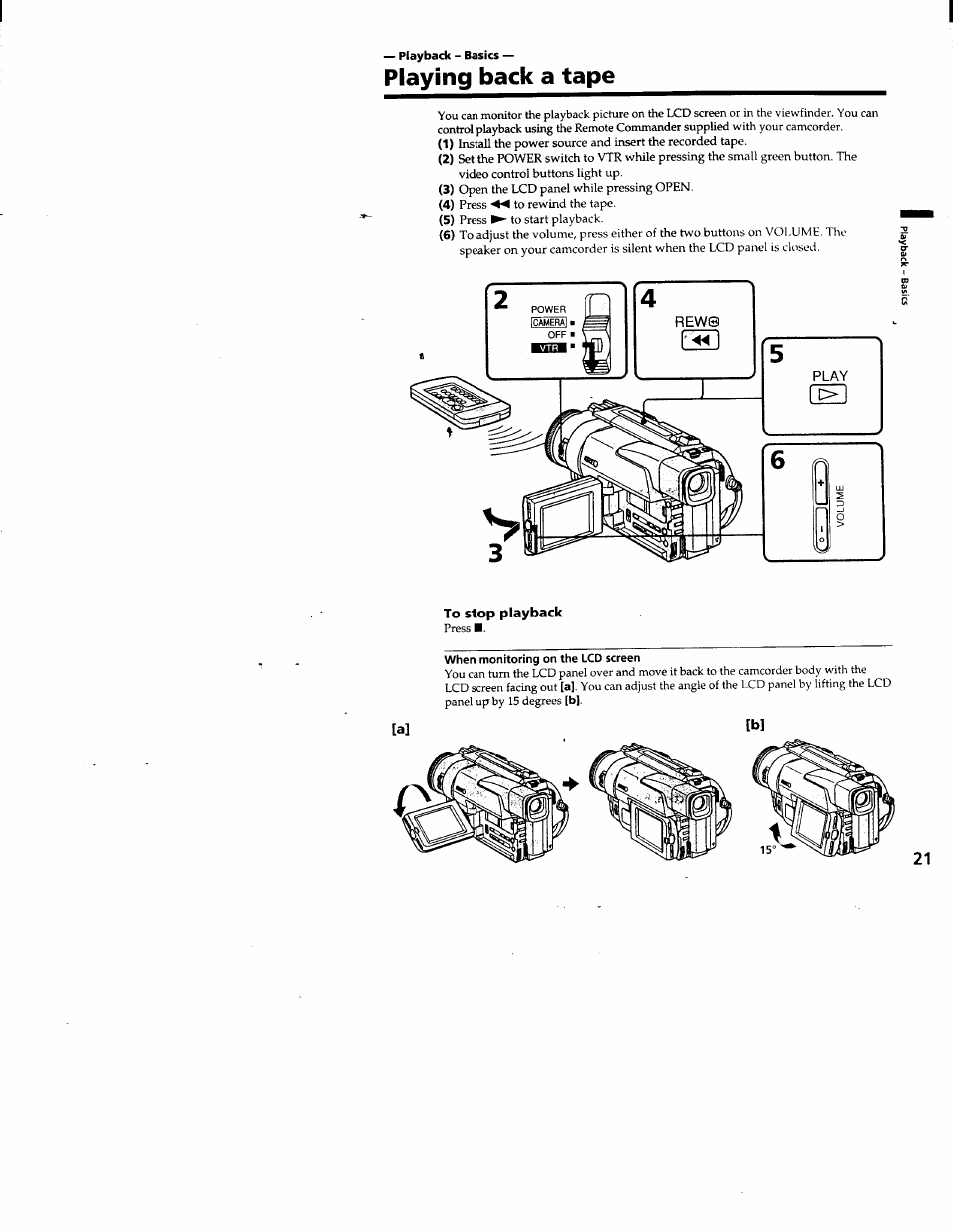 To stop playback, When monitoring on the lcd screen, Playing back a tape | Sony DCR-TRV103 User Manual | Page 21 / 84