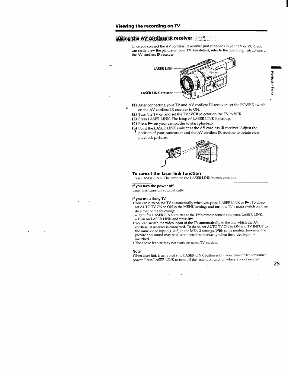 Viewing the recording on tv, Receiver, To cancel the laser link function | Sony DCR-TRV103 User Manual | Page 25 / 84