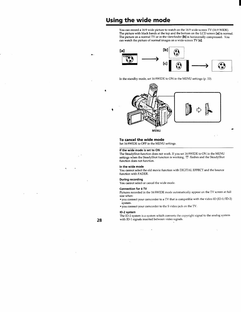 Using the wide mode, To cancel the wide mode | Sony DCR-TRV103 User Manual | Page 28 / 84