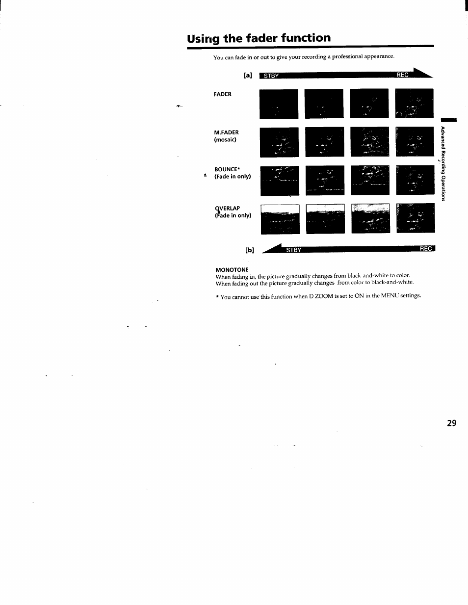 Using the fader function | Sony DCR-TRV103 User Manual | Page 29 / 84