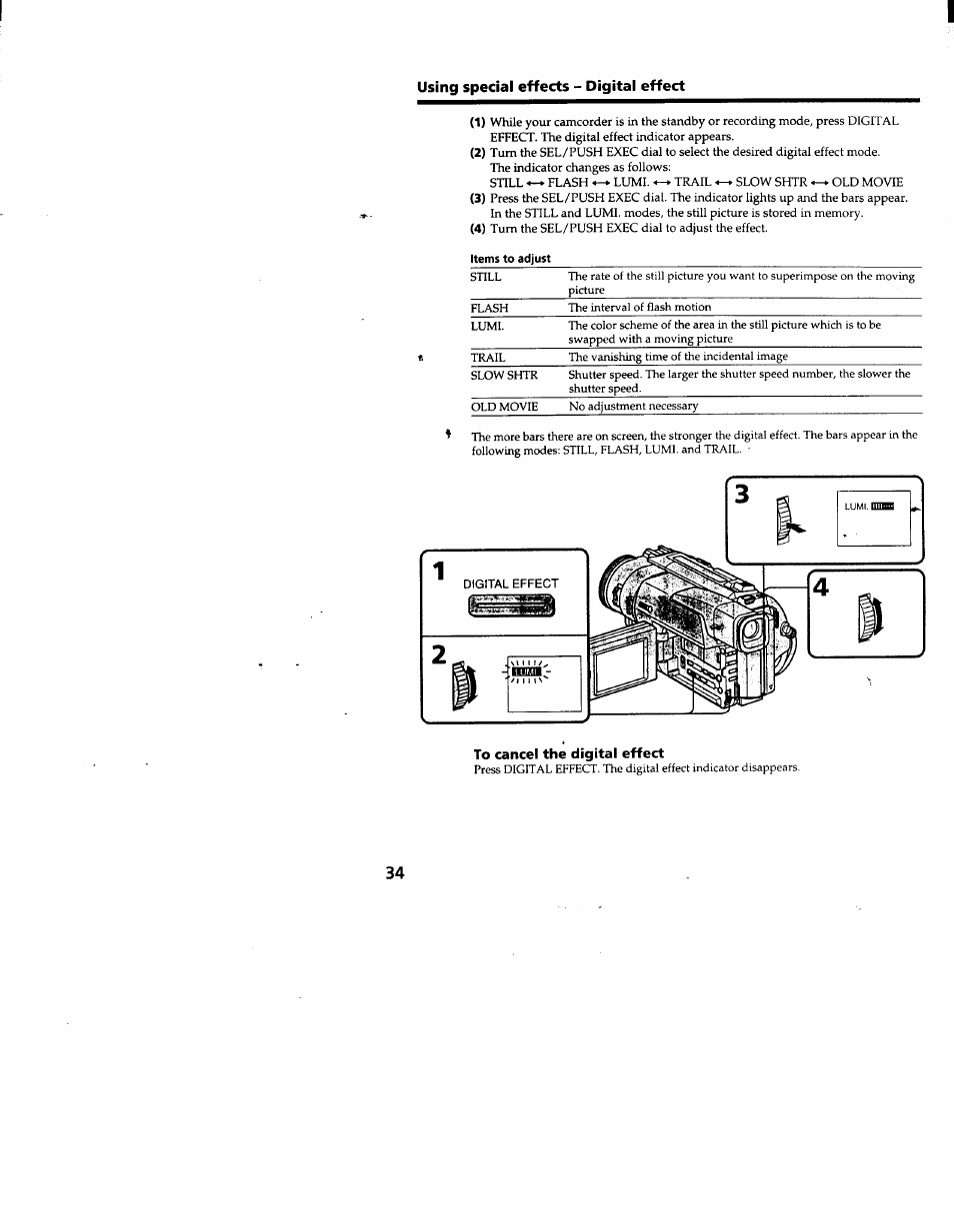 Items to adjust, To cancel the digital effect | Sony DCR-TRV103 User Manual | Page 34 / 84