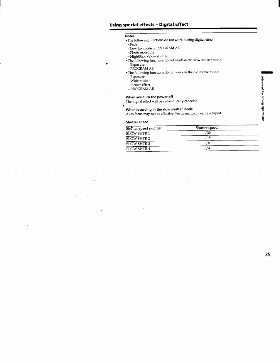 Notes, When you turn the power off, When recording in the slow shutter mode | Shutter speed | Sony DCR-TRV103 User Manual | Page 35 / 84