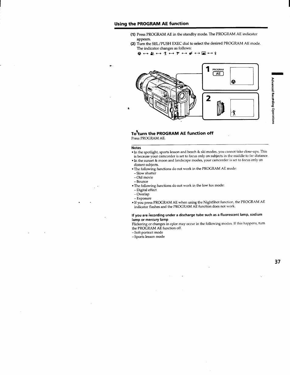 Using the program ae function, To^turn the program ae function off | Sony DCR-TRV103 User Manual | Page 37 / 84