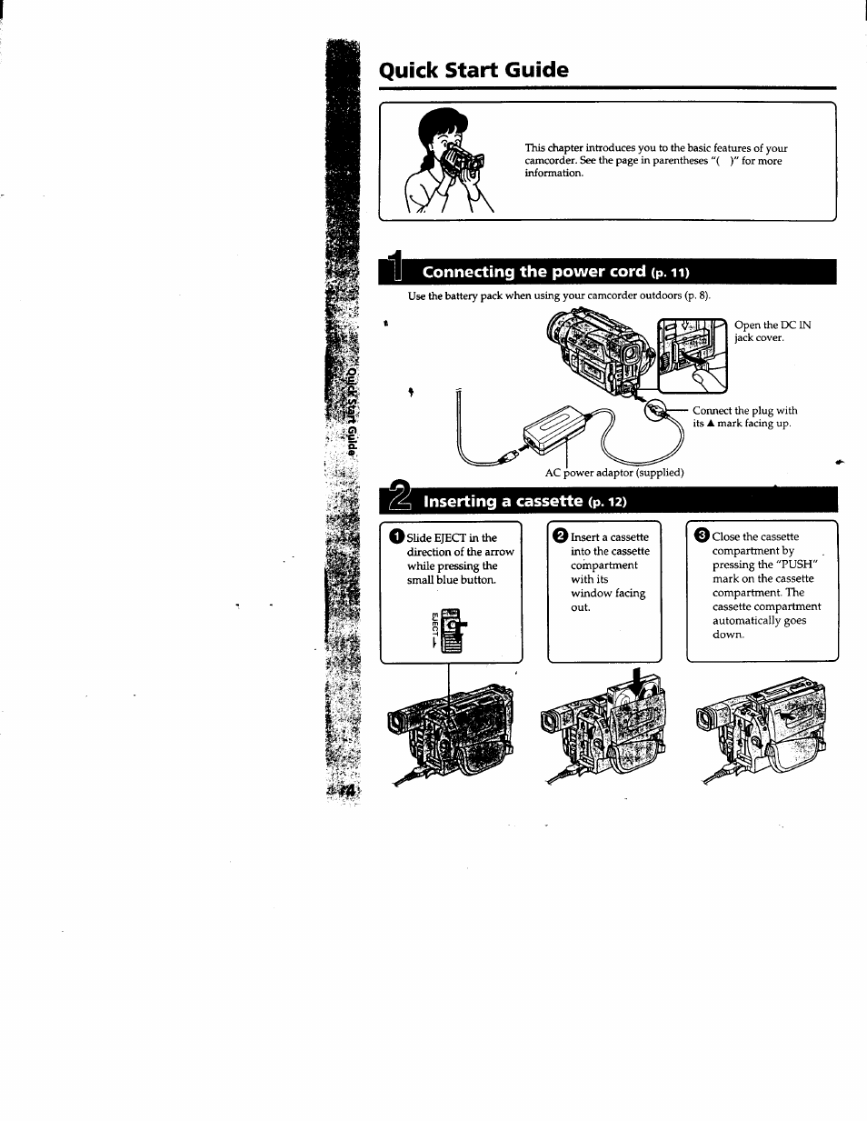 Quick start guide, Connecting the power cord (p. ii), Inserting a cassette (p. 12) | Sony DCR-TRV103 User Manual | Page 4 / 84