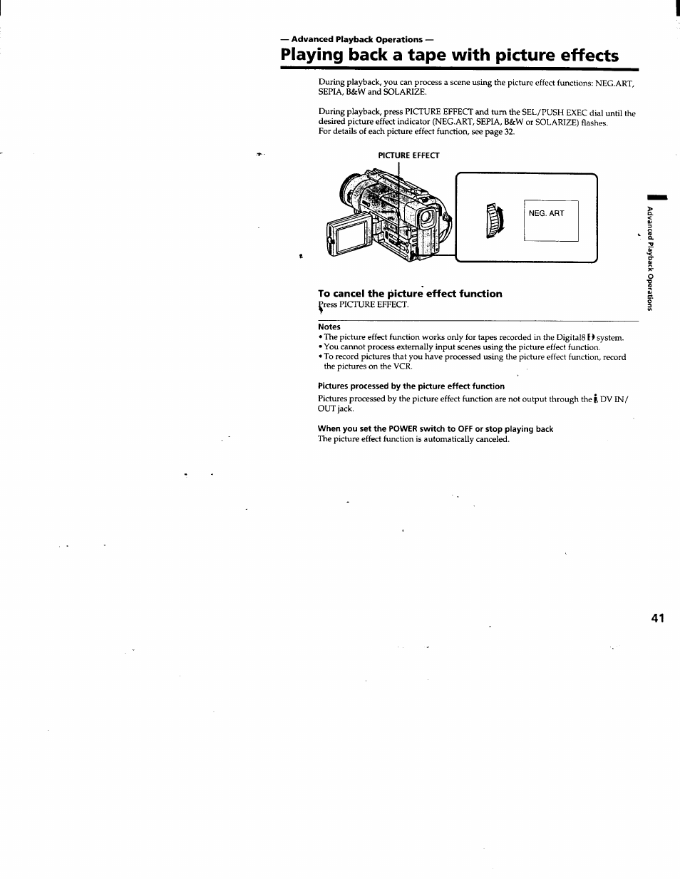Playing back a tape with picture effects, Picture effea, To cancel the picture effect function | Picture effect | Sony DCR-TRV103 User Manual | Page 41 / 84