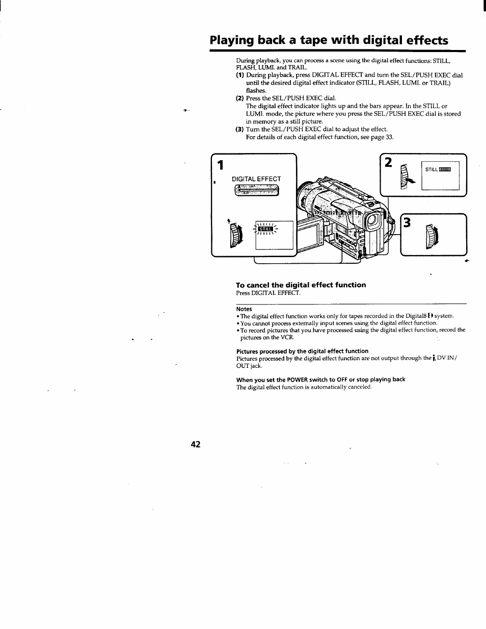 Playing back a tape with digital effects, To cancel the digital effect function | Sony DCR-TRV103 User Manual | Page 42 / 84