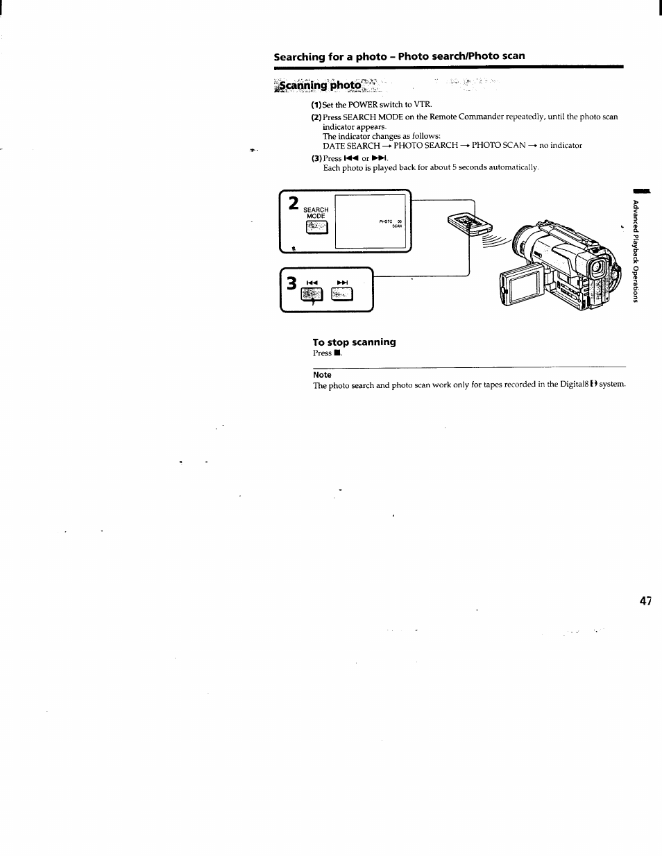 To stop scanning, Note | Sony DCR-TRV103 User Manual | Page 47 / 84