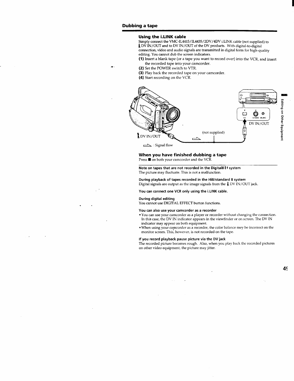 Dubbing a tape, Using the i.link cable, When you have finished dubbing a tape | Sony DCR-TRV103 User Manual | Page 49 / 84