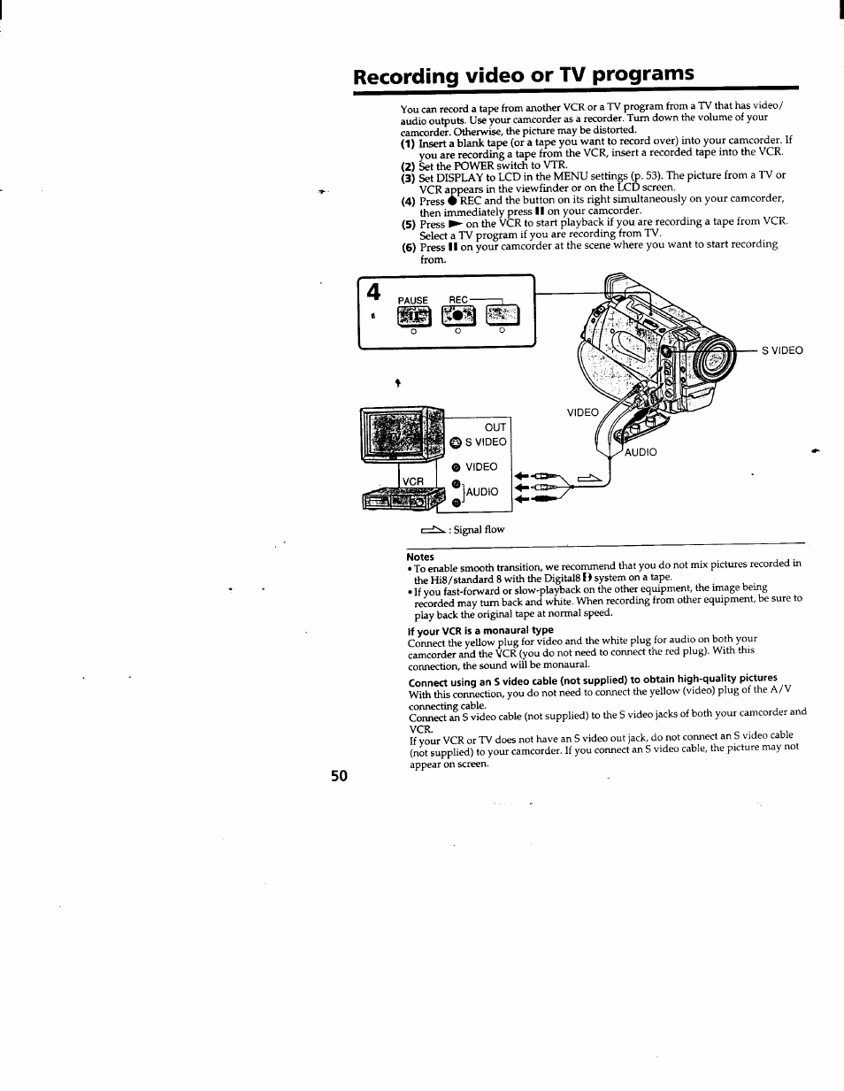 Recording vídeo or tv programs, Recording video or tv programs | Sony DCR-TRV103 User Manual | Page 50 / 84