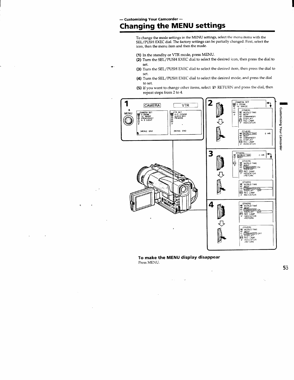 Changing the menu settings | Sony DCR-TRV103 User Manual | Page 53 / 84
