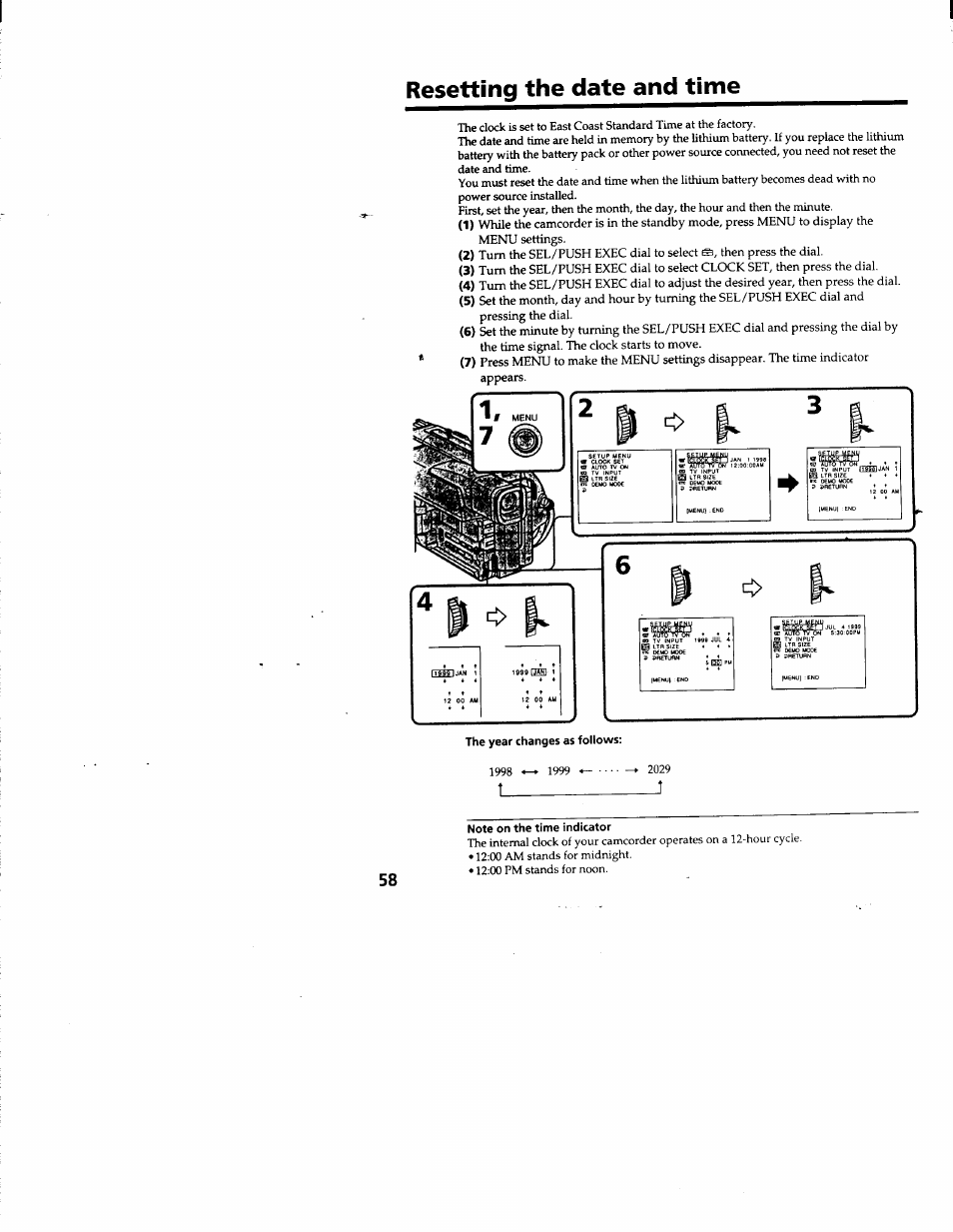 Resetting the date and time | Sony DCR-TRV103 User Manual | Page 58 / 84