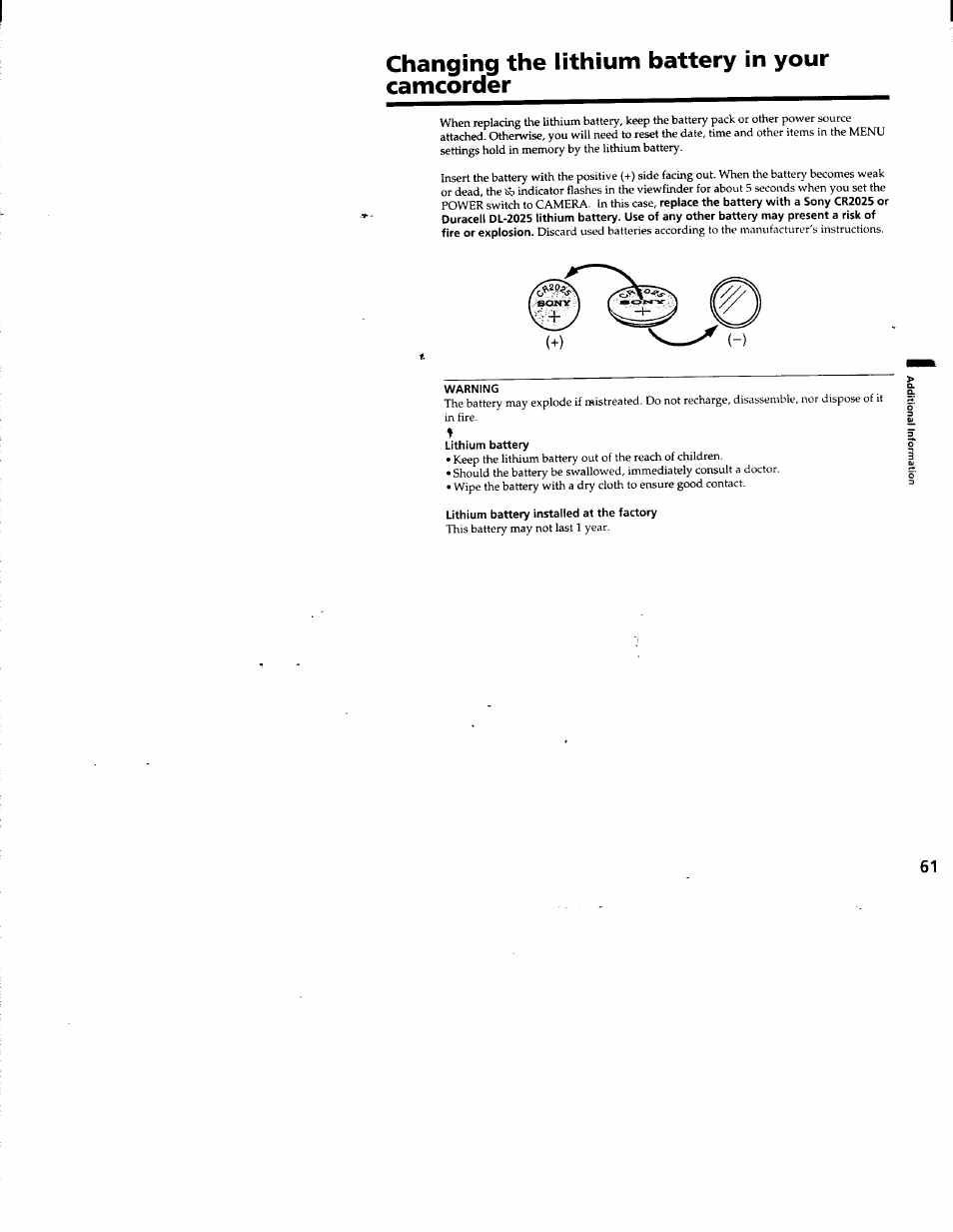 Changing the lithium battery in your camcorder | Sony DCR-TRV103 User Manual | Page 61 / 84