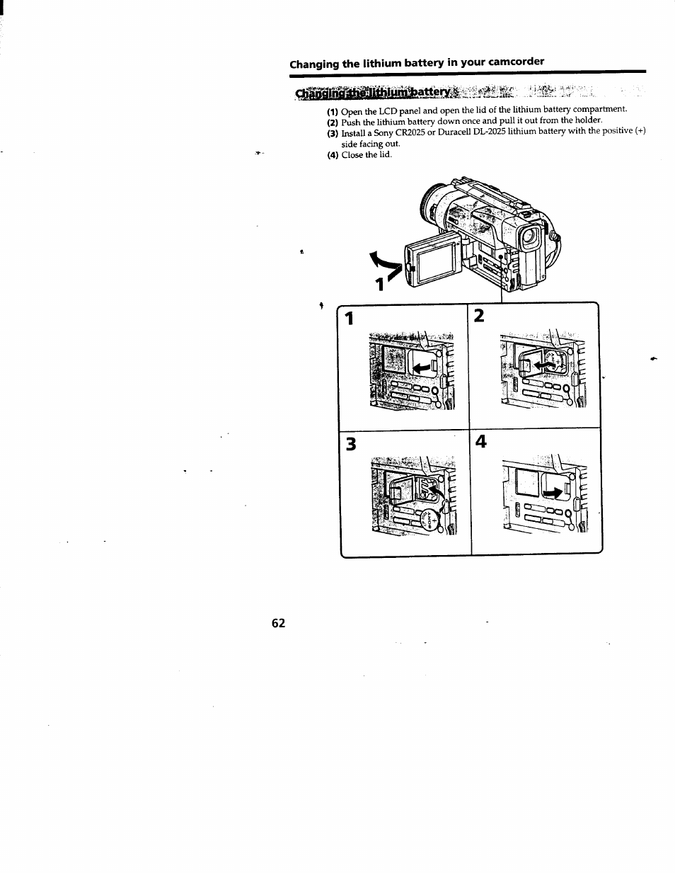 Changing the lithium battery in your camcorder | Sony DCR-TRV103 User Manual | Page 62 / 84