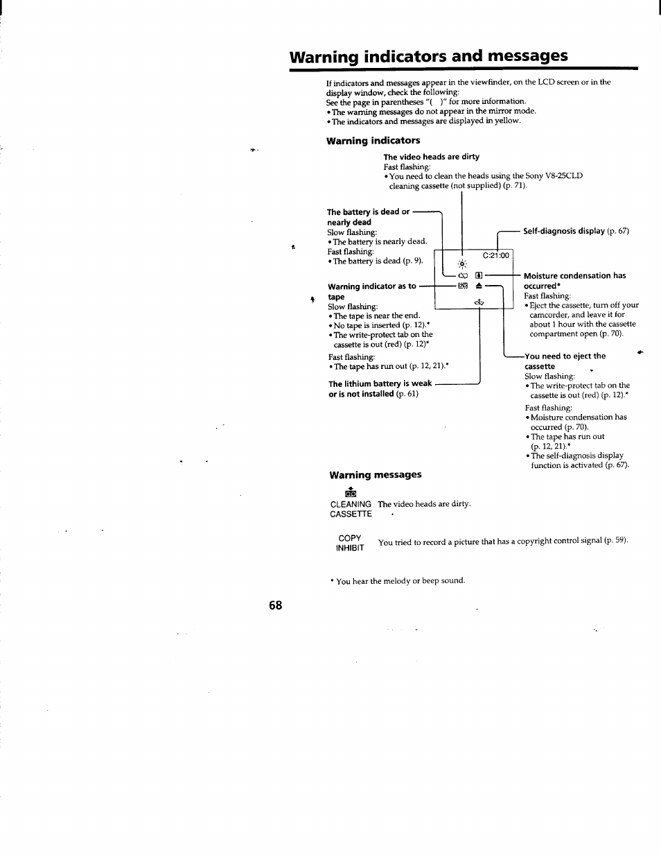 Warning indicators and messages, Warning indicators, The video heads are dirty | The battery is dead or, Warning indicator as to tape, Warning messages | Sony DCR-TRV103 User Manual | Page 68 / 84