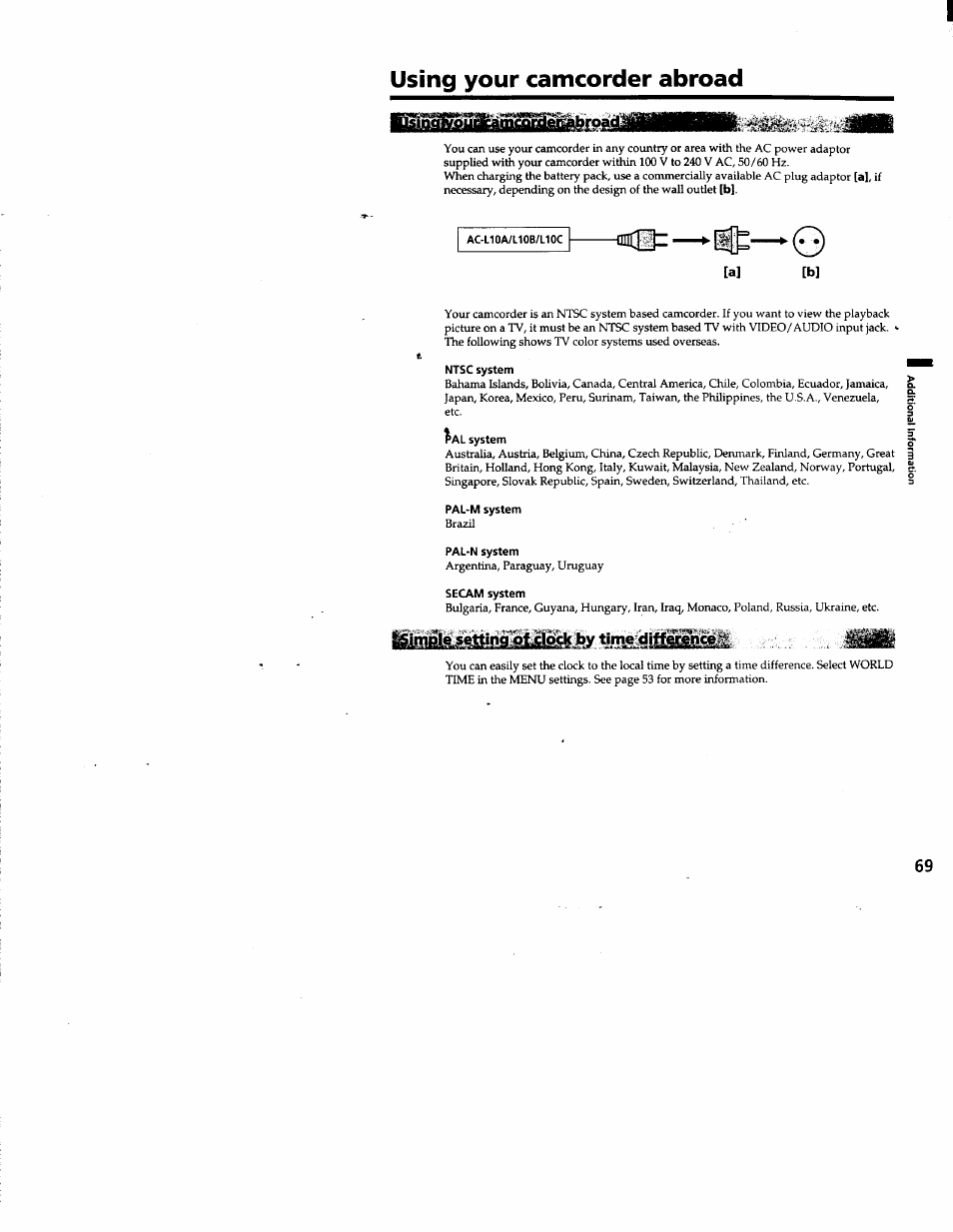 Using your camcorder abroad, Ac-l10a/l10b/l10c, Ntsc system | Pal-m system, Pal-n system | Sony DCR-TRV103 User Manual | Page 69 / 84