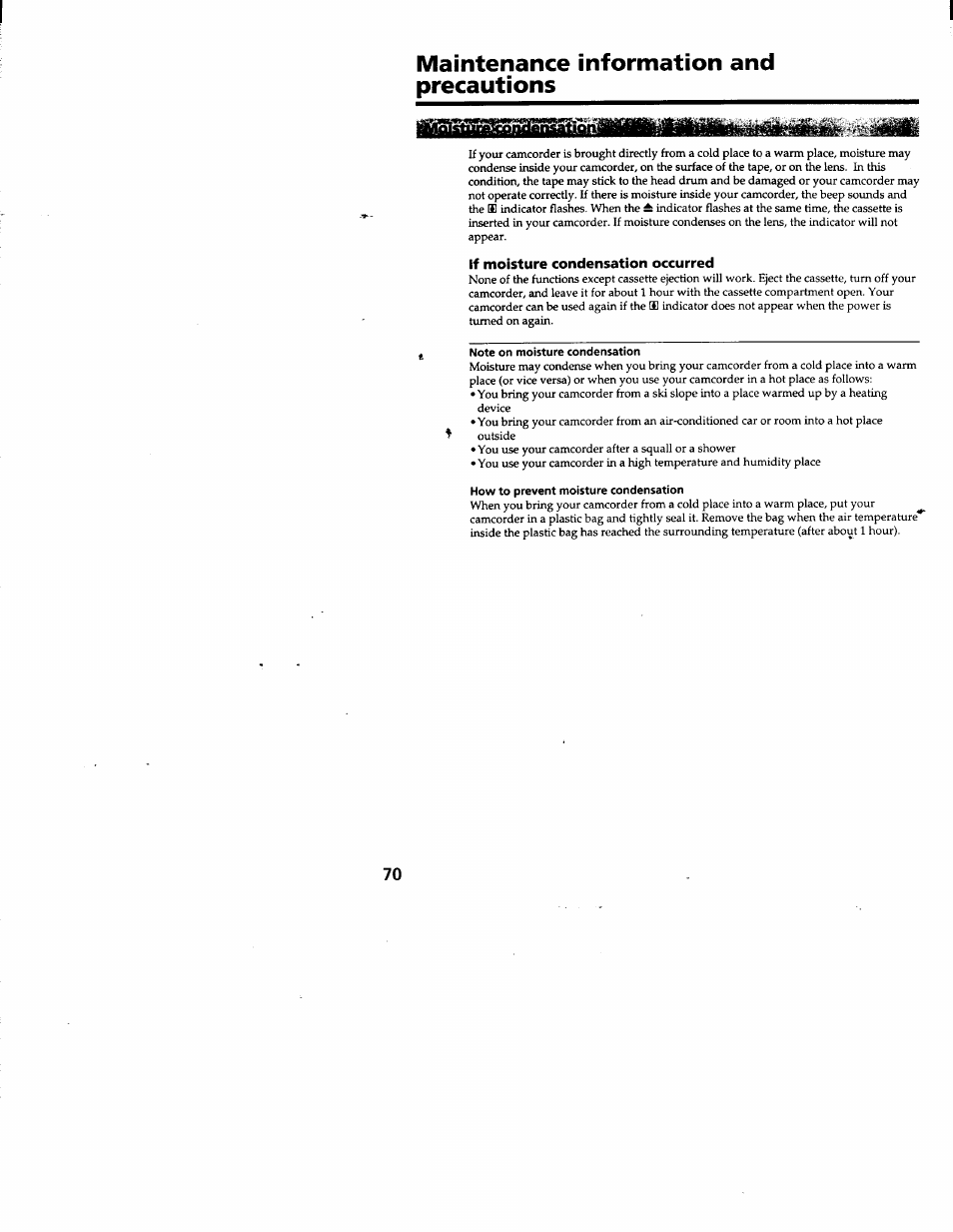 Maintenance information and precautions, If moisture condensation occurred | Sony DCR-TRV103 User Manual | Page 70 / 84