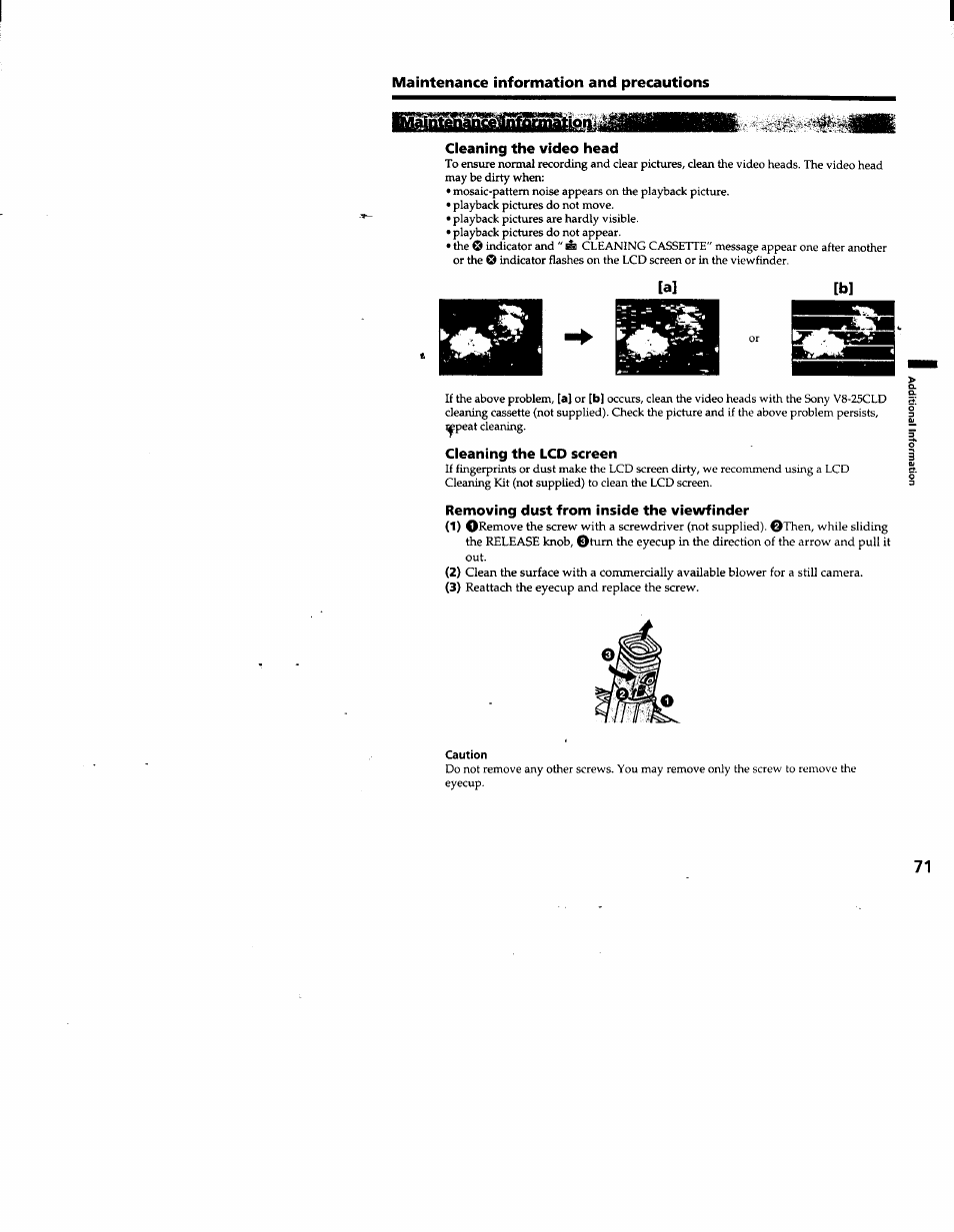 Cieaning the video head, Cleaning the lcd screen, Removing dust from inside the viewfinder | Caution | Sony DCR-TRV103 User Manual | Page 71 / 84