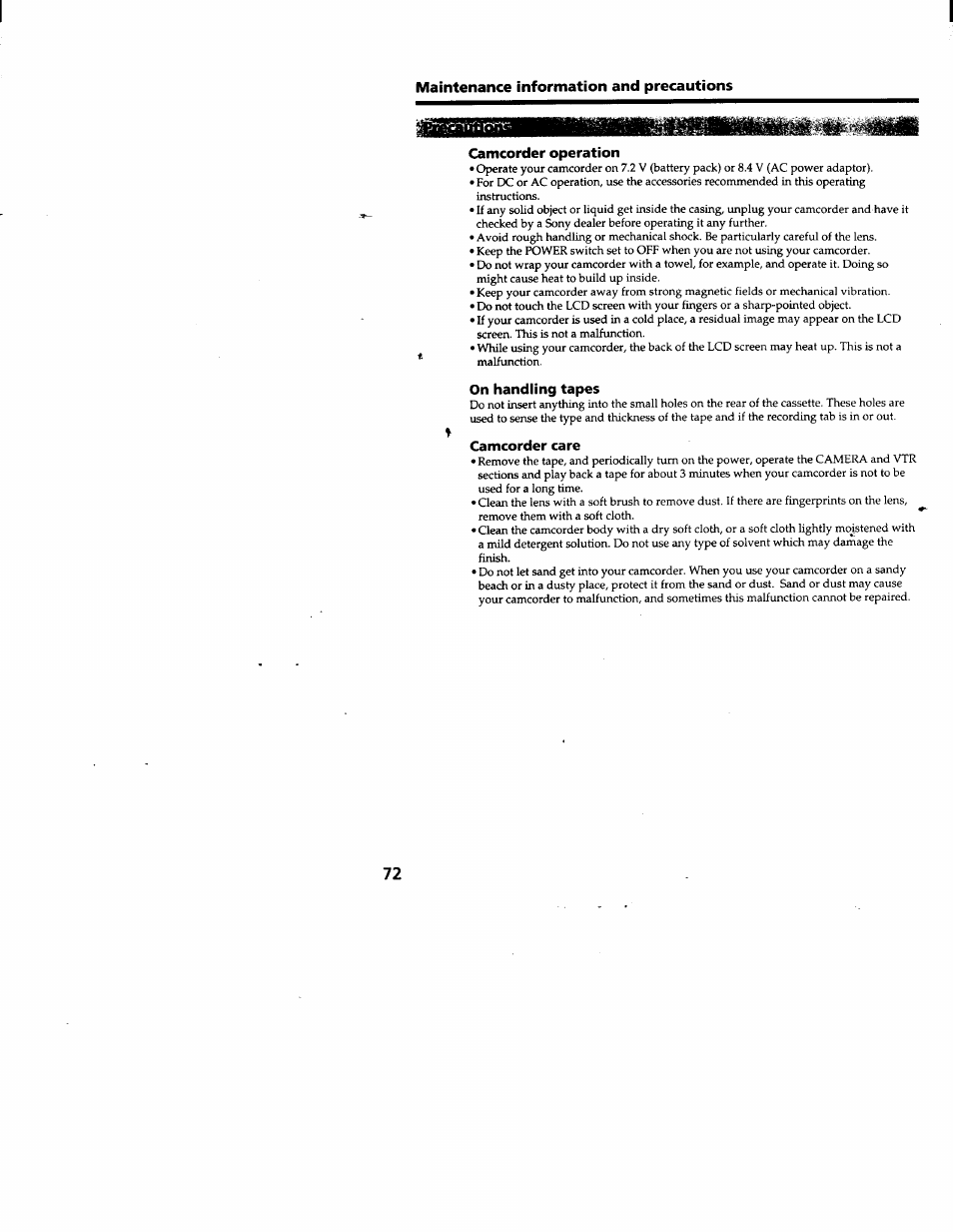 Camcorder operation, On handling tapes, Camcorder care | Sony DCR-TRV103 User Manual | Page 72 / 84