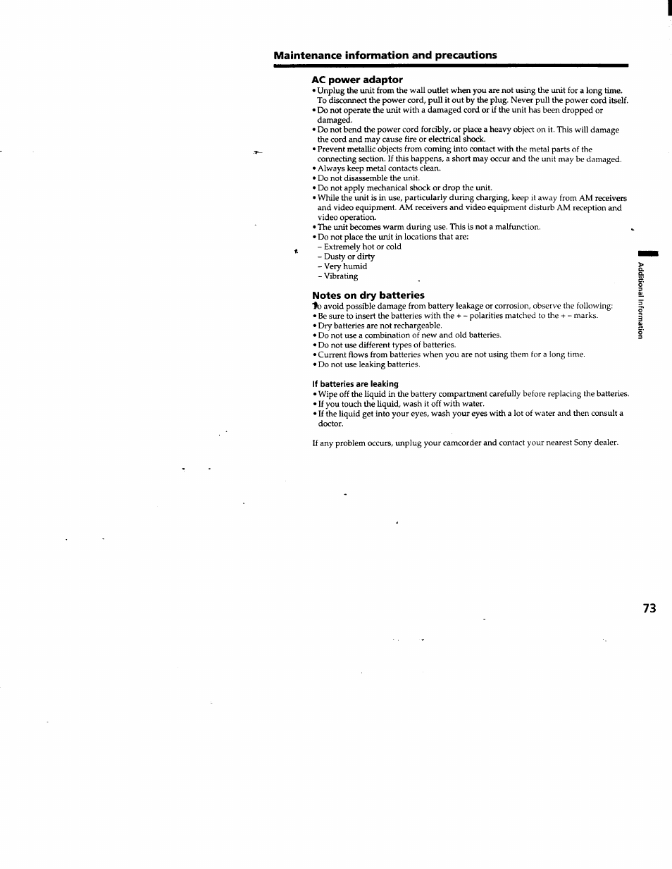 Ac power adaptor, Notes on dry batteries | Sony DCR-TRV103 User Manual | Page 73 / 84