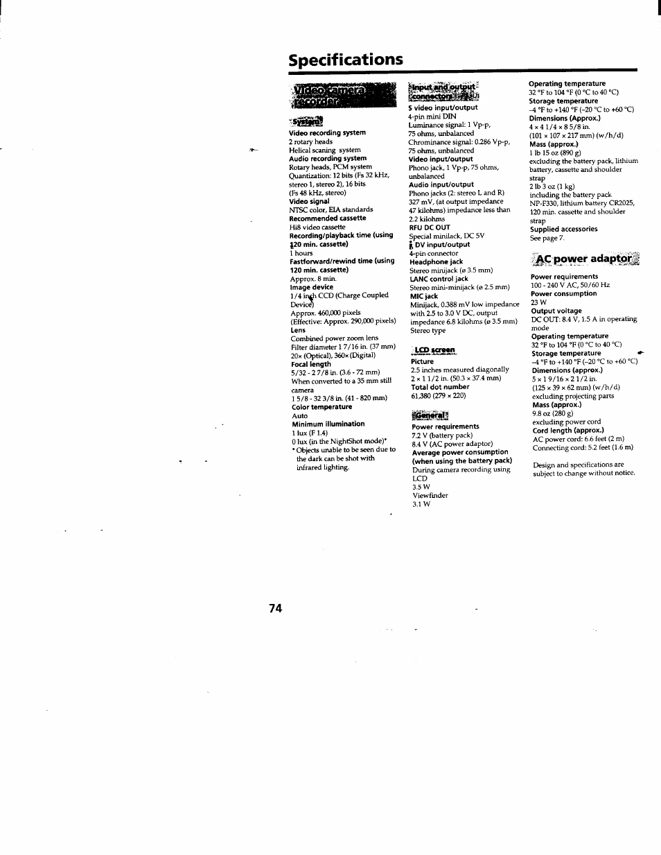 Specifications, Gppvver adaptorj, Jkslmsssl | Sony DCR-TRV103 User Manual | Page 74 / 84