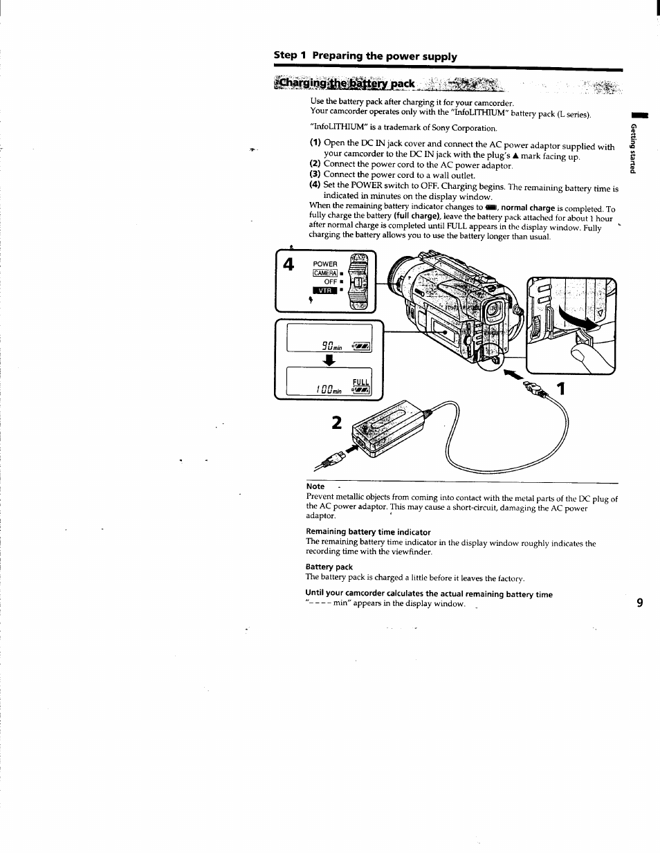 Note, Battery pack, Step 1 preparing the power supply | Sony DCR-TRV103 User Manual | Page 9 / 84