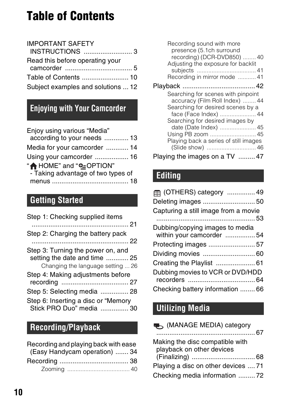 Sony DCR-DVD850 User Manual | Page 10 / 159