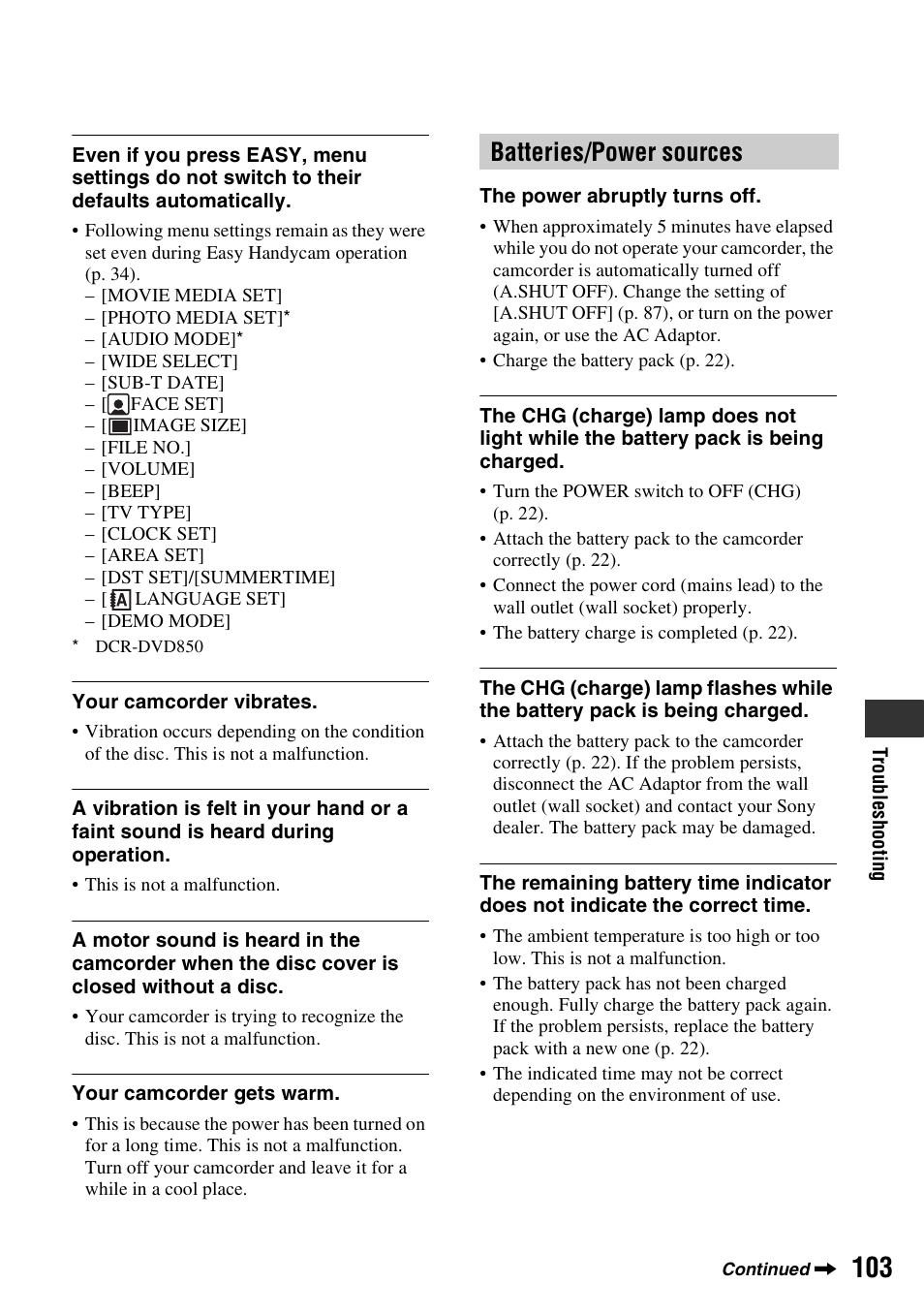 Batteries/power sources | Sony DCR-DVD850 User Manual | Page 103 / 159