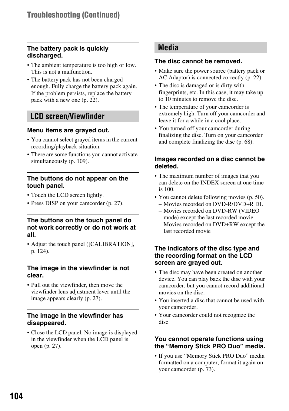 Lcd screen/viewfinder, Media, Troubleshooting (continued) | Lcd screen/viewfinder media | Sony DCR-DVD850 User Manual | Page 104 / 159