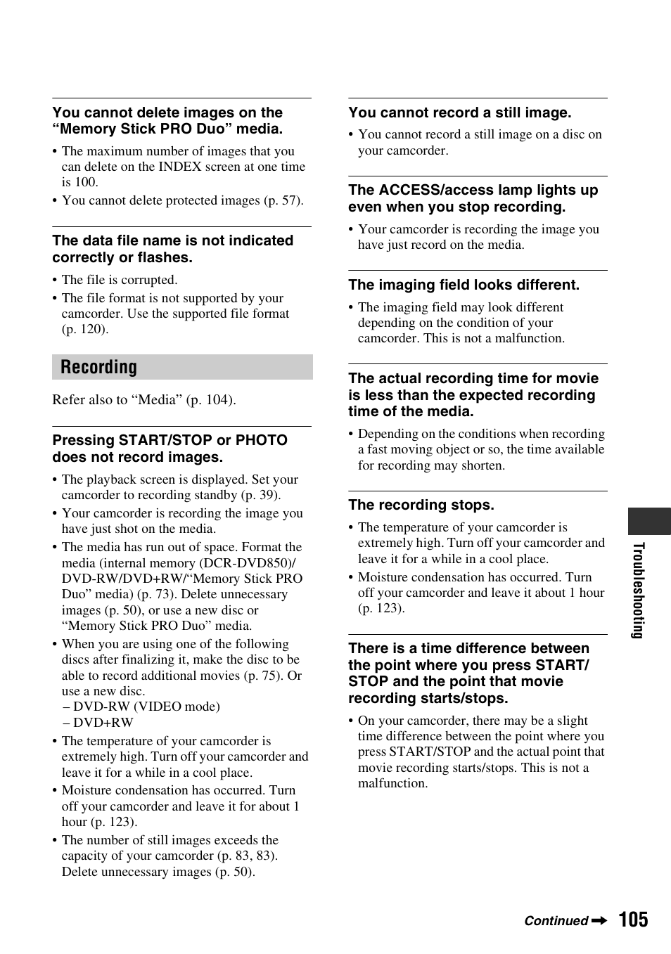 Recording | Sony DCR-DVD850 User Manual | Page 105 / 159