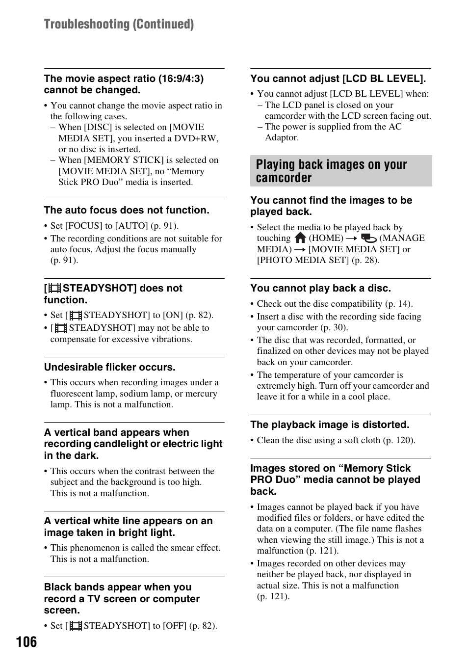 Playing back images on your camcorder, Troubleshooting (continued) | Sony DCR-DVD850 User Manual | Page 106 / 159