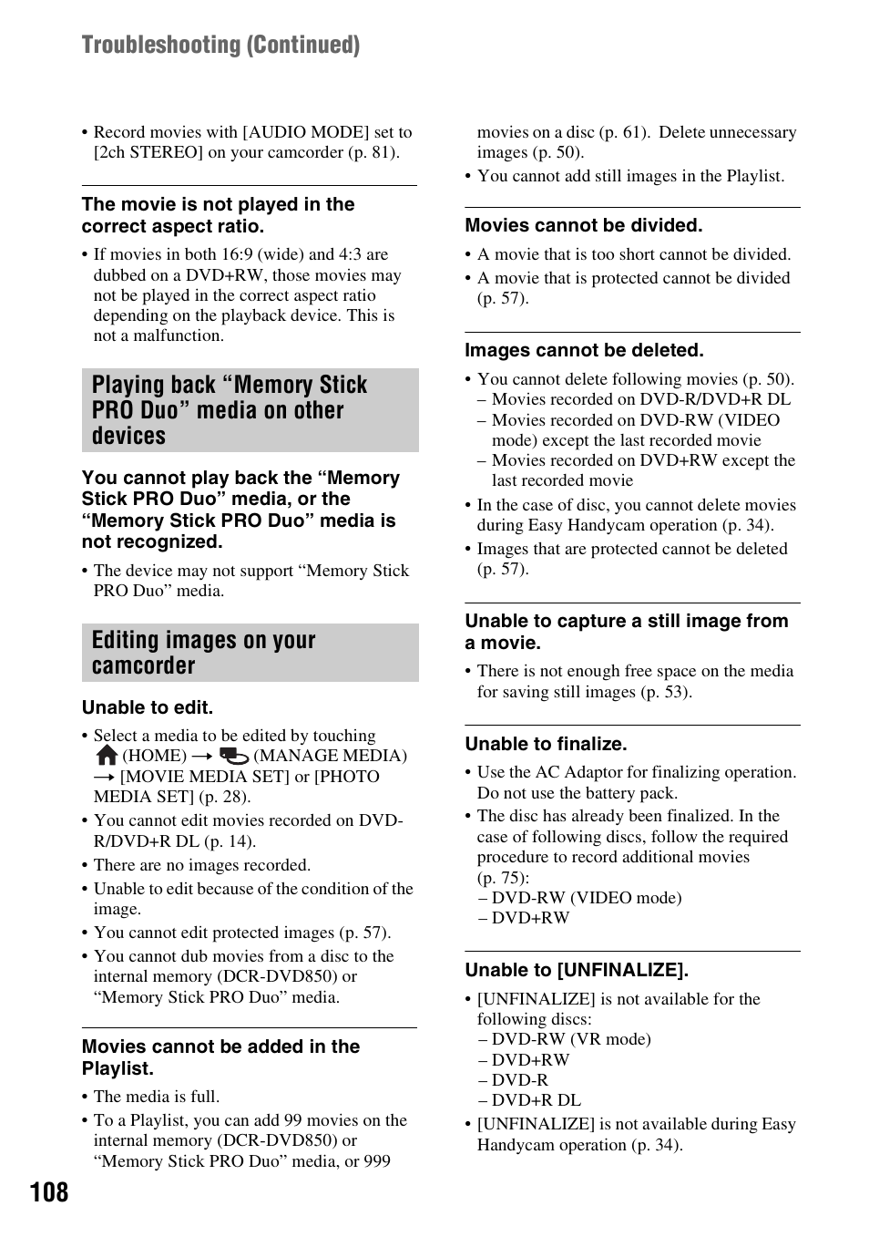 Playing back “memory stick pro duo” media, On other devices, Editing images on your camcorder | Troubleshooting (continued) | Sony DCR-DVD850 User Manual | Page 108 / 159