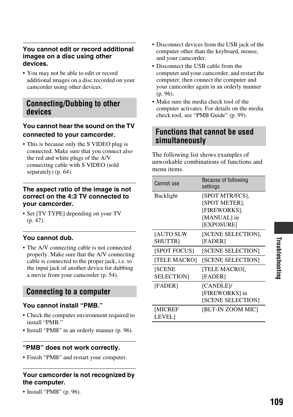 Connecting/dubbing to other devices, Connecting to a computer, Functions that cannot be used simultaneously | P. 109) | Sony DCR-DVD850 User Manual | Page 109 / 159