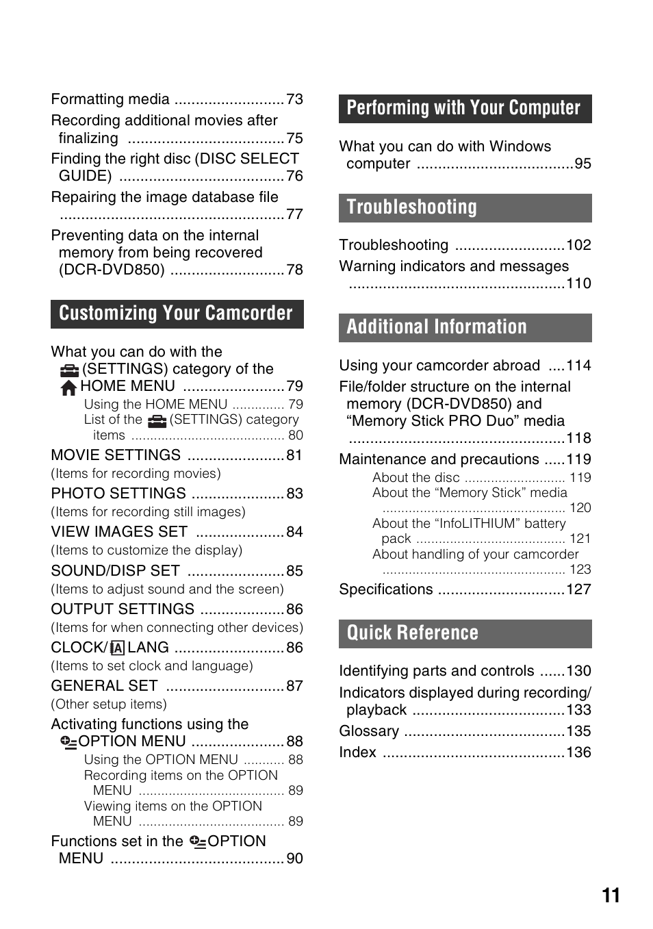 Sony DCR-DVD850 User Manual | Page 11 / 159