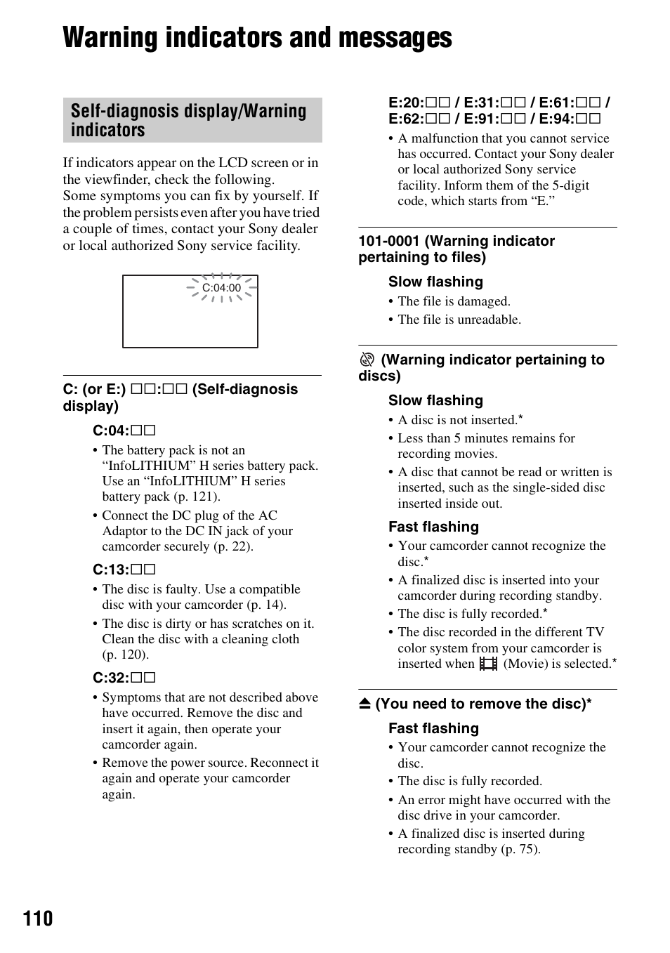 Warning indicators and messages, Self-diagnosis display/warning indicators | Sony DCR-DVD850 User Manual | Page 110 / 159